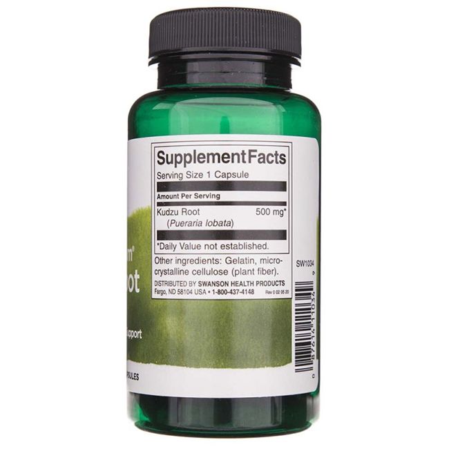Rückseite einer grünen Flasche mit schwarzem Deckel. Aufschrift: Supplement Facts, Kudzu Root, 500 mg.