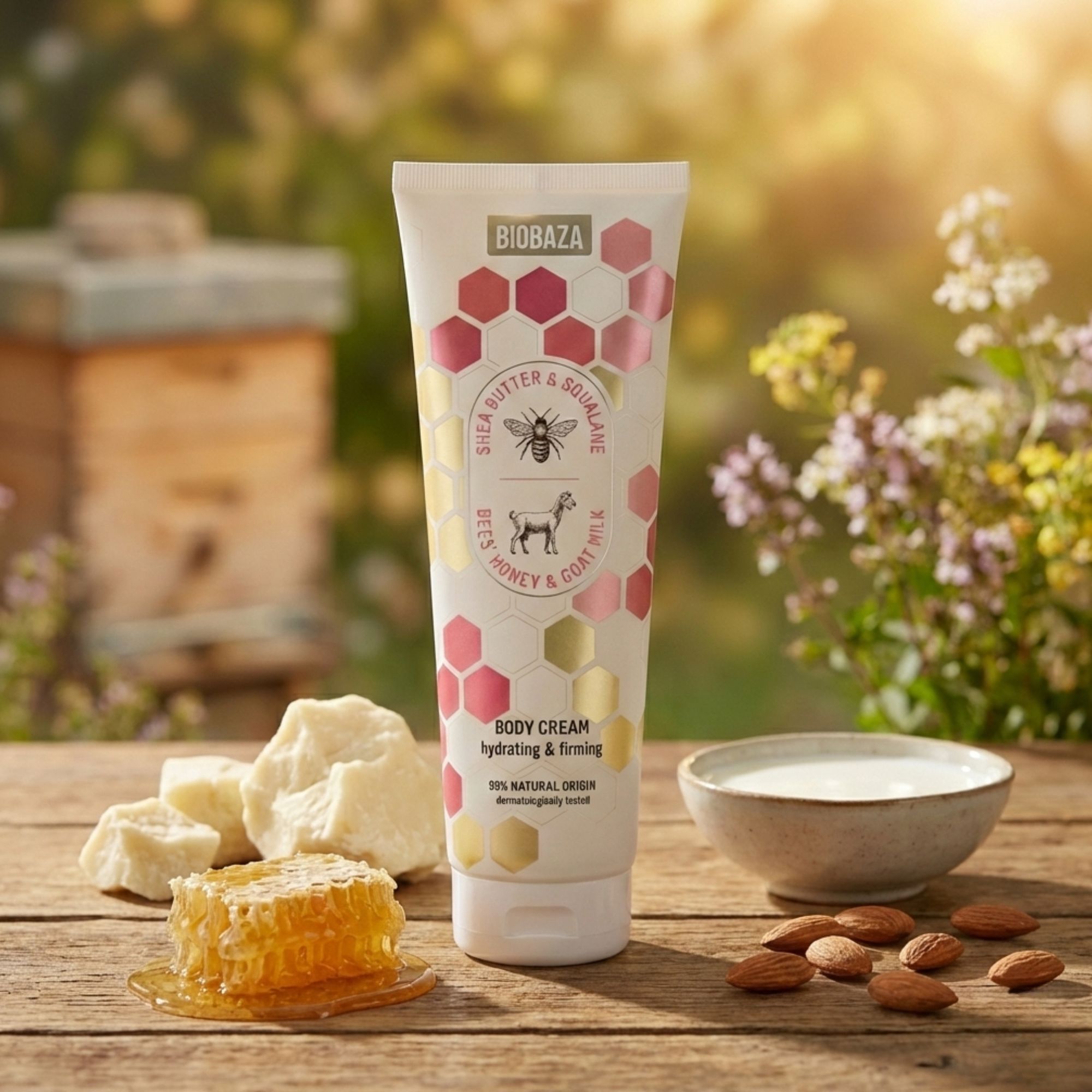 Creme-Tube mit Bienen- und Ziegenmotiv. Aufschrift: Shea Butter & Squalan, Honig & Ziegenmilch. Honigwabe, Mandeln und Schüssel.