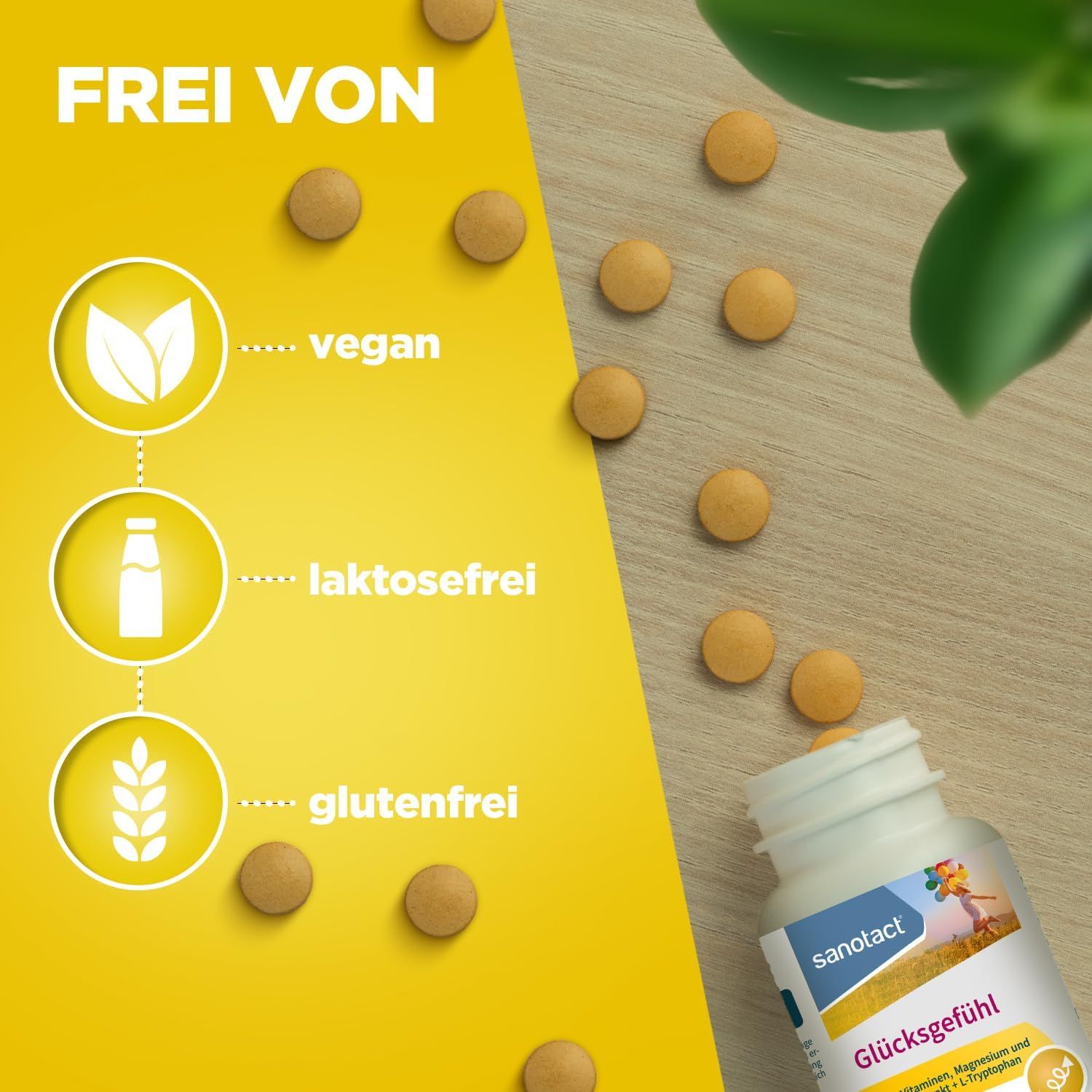 Tabletten von sanotact Glücksgefühl. Aufschrift: Frei von vegan, laktosefrei, glutenfrei. Flasche mit Produktnamen und Logo.
