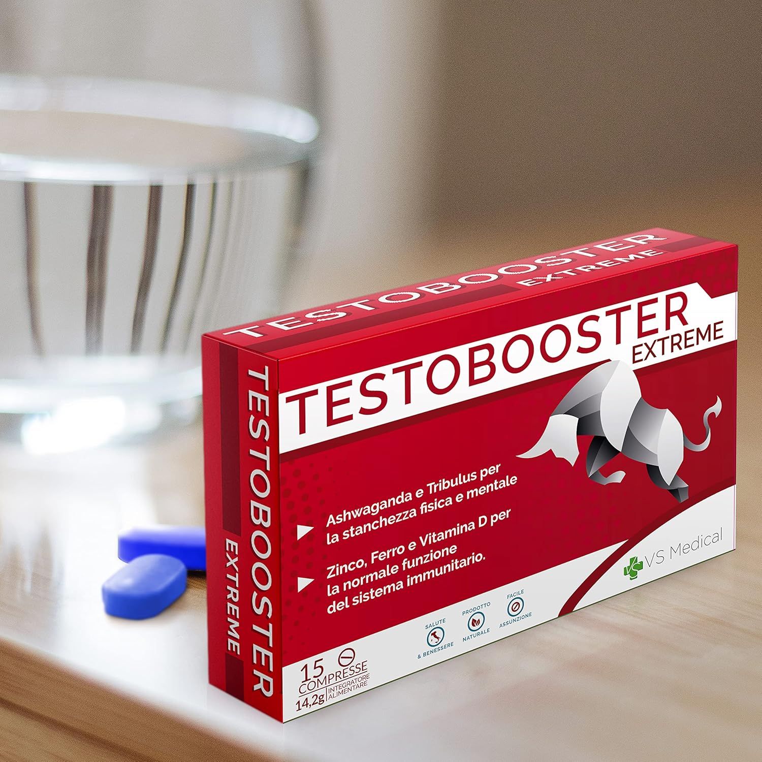 Rote Produktverpackung mit Text: Testobooster Extreme, 15 Tabletten. Blaue Tabletten daneben. VS Medical Logo.