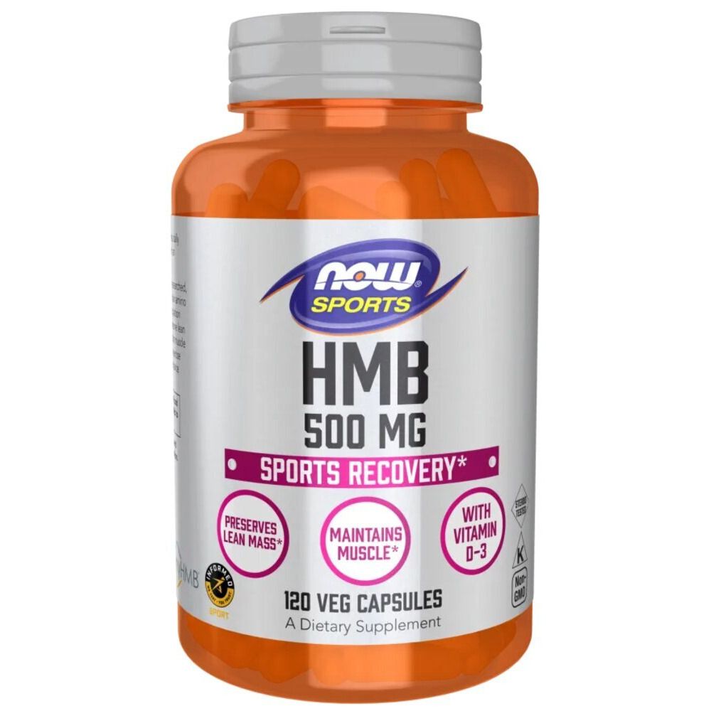 Orangefarbene Flasche mit weißem Deckel. Aufschrift: HMB 500 MG, SPORTS RECOVERY, 120 VEG CAPSULES. Enthält Vitamin D-3.