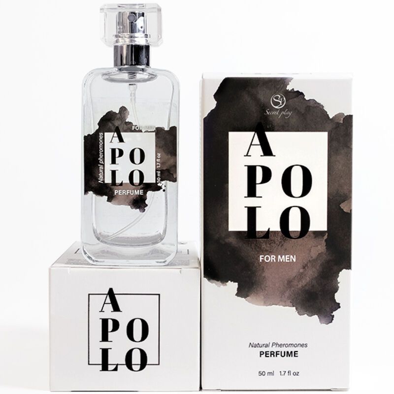Flakon und zwei Verpackungen. Aufdruck: Apolo, For Men, Natural Pheromones, Perfume. Marke: Secretplay.