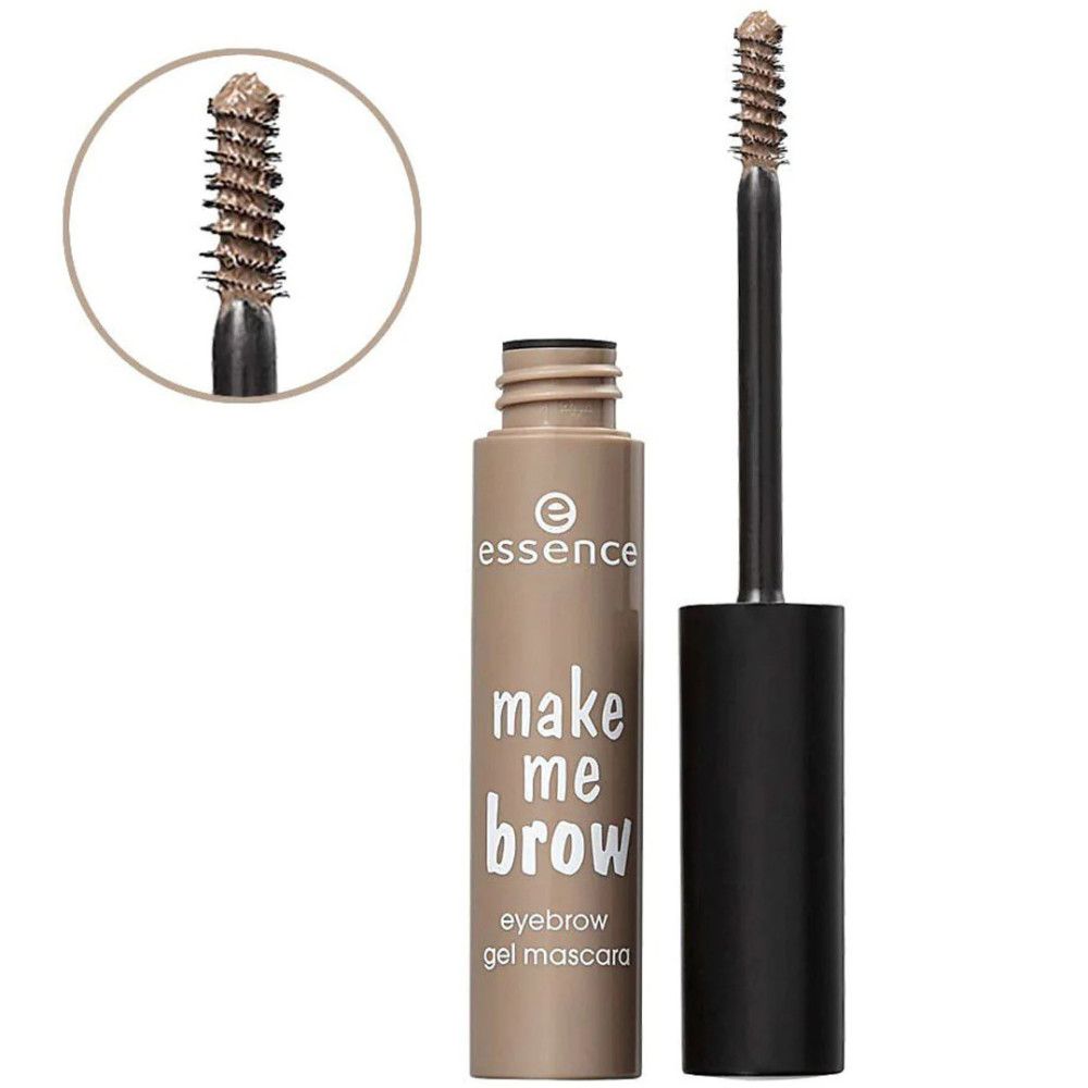 Augenbrauengel-Mascara mit Bürste. Beige Tube mit schwarzem Deckel. Schriftzug: make me brow, eyebrow gel mascara. Detailansicht der Bürste.