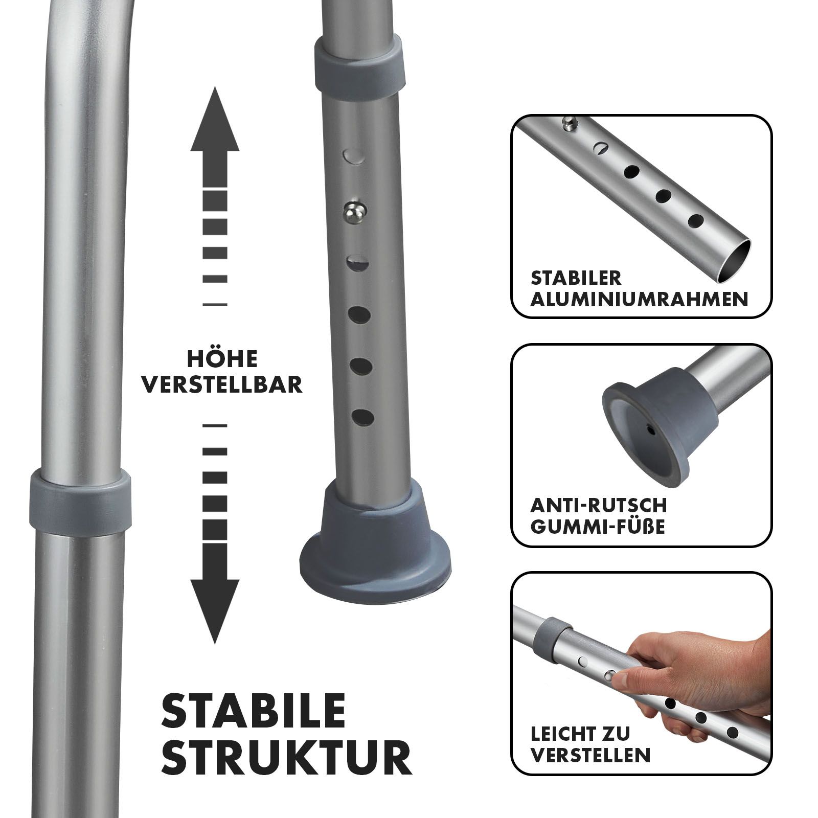 Detailansicht des Duschhockers. Stabile Aluminiumrahmen, höhenverstellbar, rutschfeste Gummifüße. Text: Stabile Struktur, leicht zu verstellen.