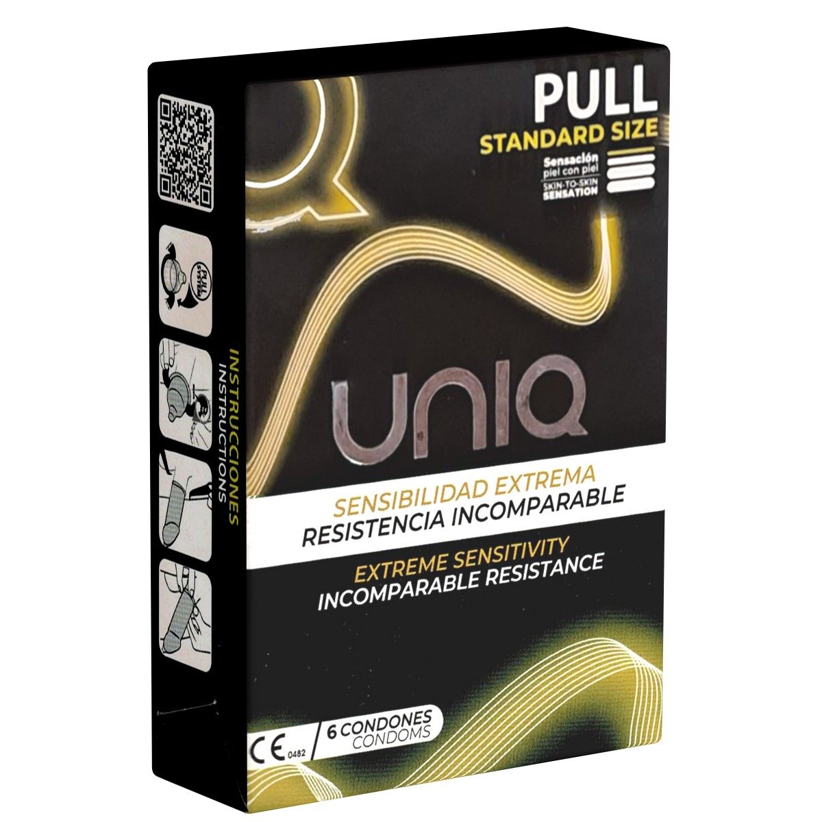 Schwarze Schachtel mit UNIQ-Kondomen. Aufschrift: Extreme Sensibilität, 6 Kondome. CE-Kennzeichnung.