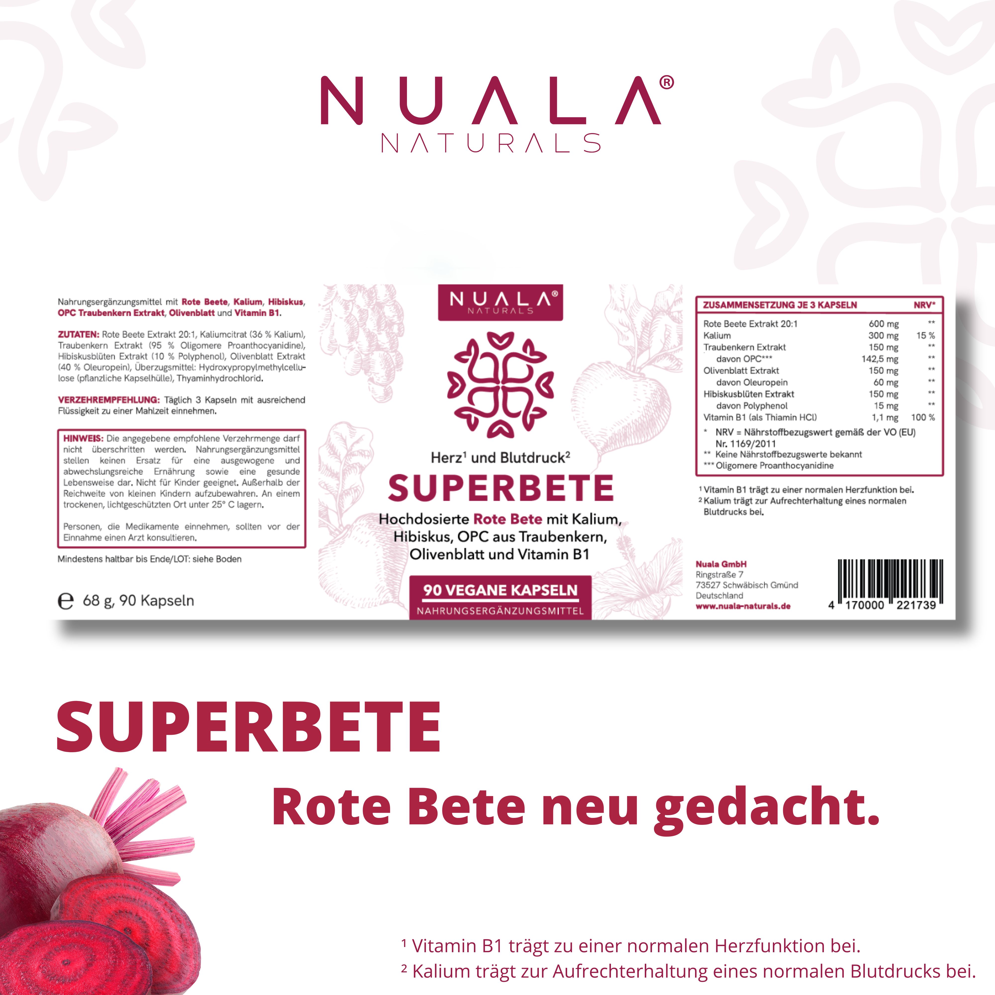Rückseite der Nuala Naturals SUPERBETE Verpackung mit Nährwertangaben und Inhaltsstoffen.