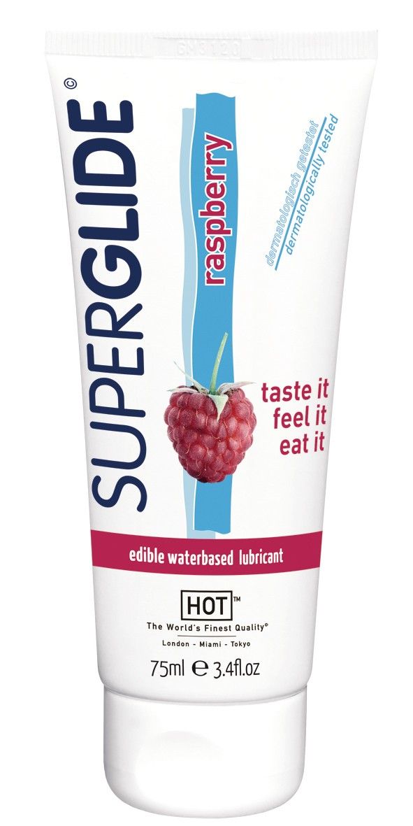 Weiße Tube mit roter Aufschrift SUPERGLIDE, Himbeer-Aroma. Enthält 75ml. Marke HOT. Dermatologisch getestet.