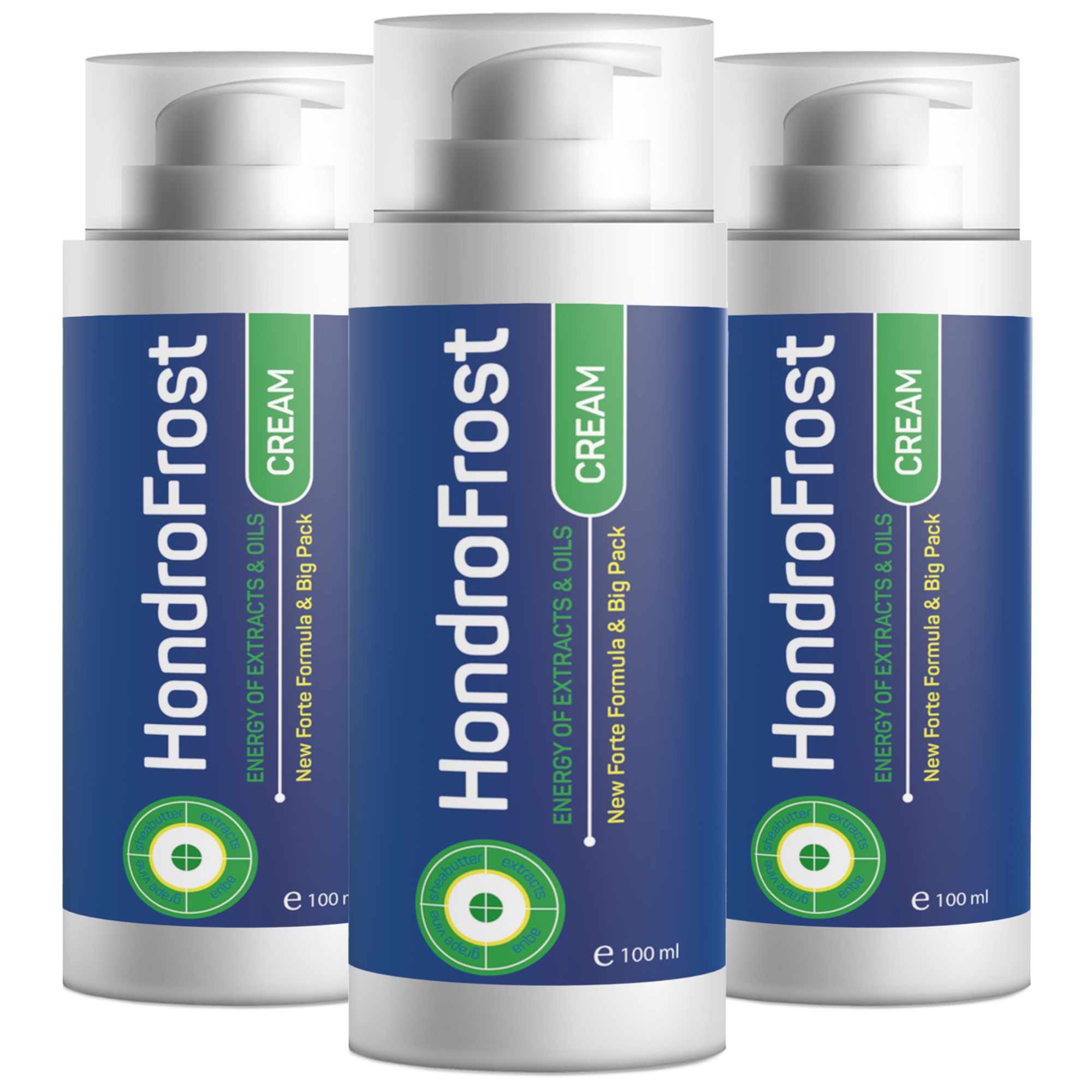 Drei Flaschen HondroFrost Creme mit Pumpspendern. Blaue Etiketten mit weißer Schrift und grünen Akzenten. 100 ml pro Flasche.