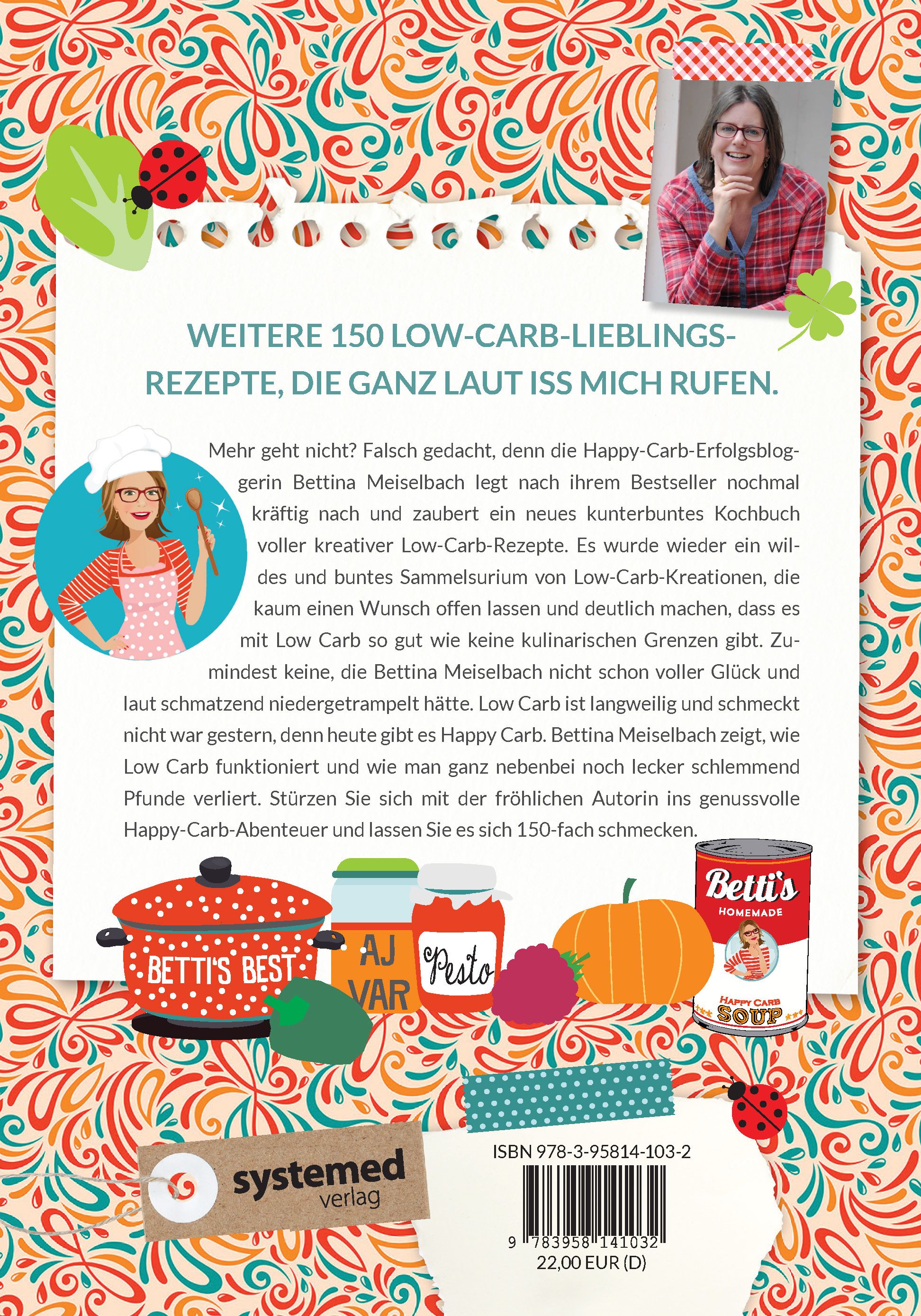 Rückseite des Buches "Happy Carb". Text und Foto der Autorin. Abgebildet sind Kochutensilien und Produkte.