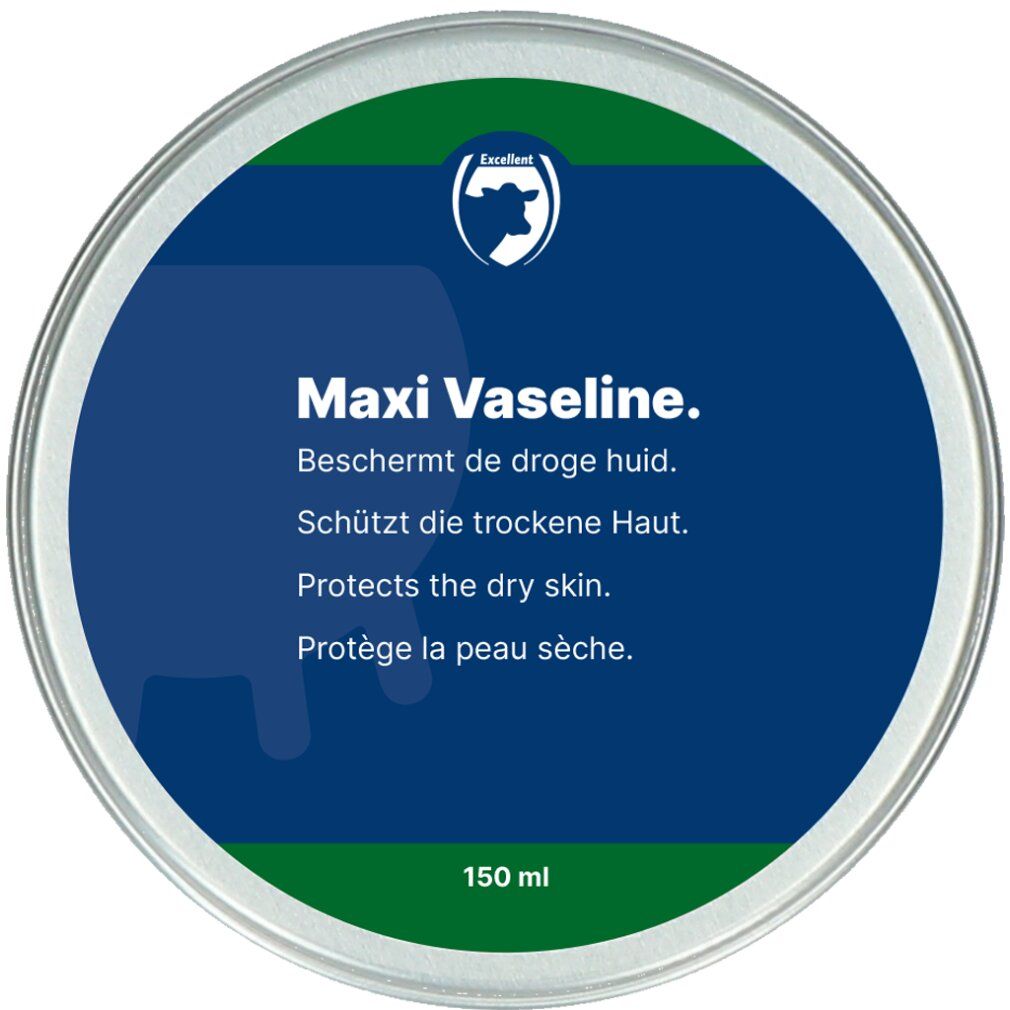 Runde Blechdose mit Maxi Vaseline. Blaue Oberfläche mit Text in mehreren Sprachen. 150 ml.