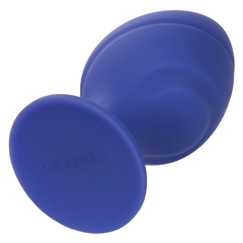 Blauer Analplug mit geriffelter Oberfläche und Basis. Marke Calexotics.