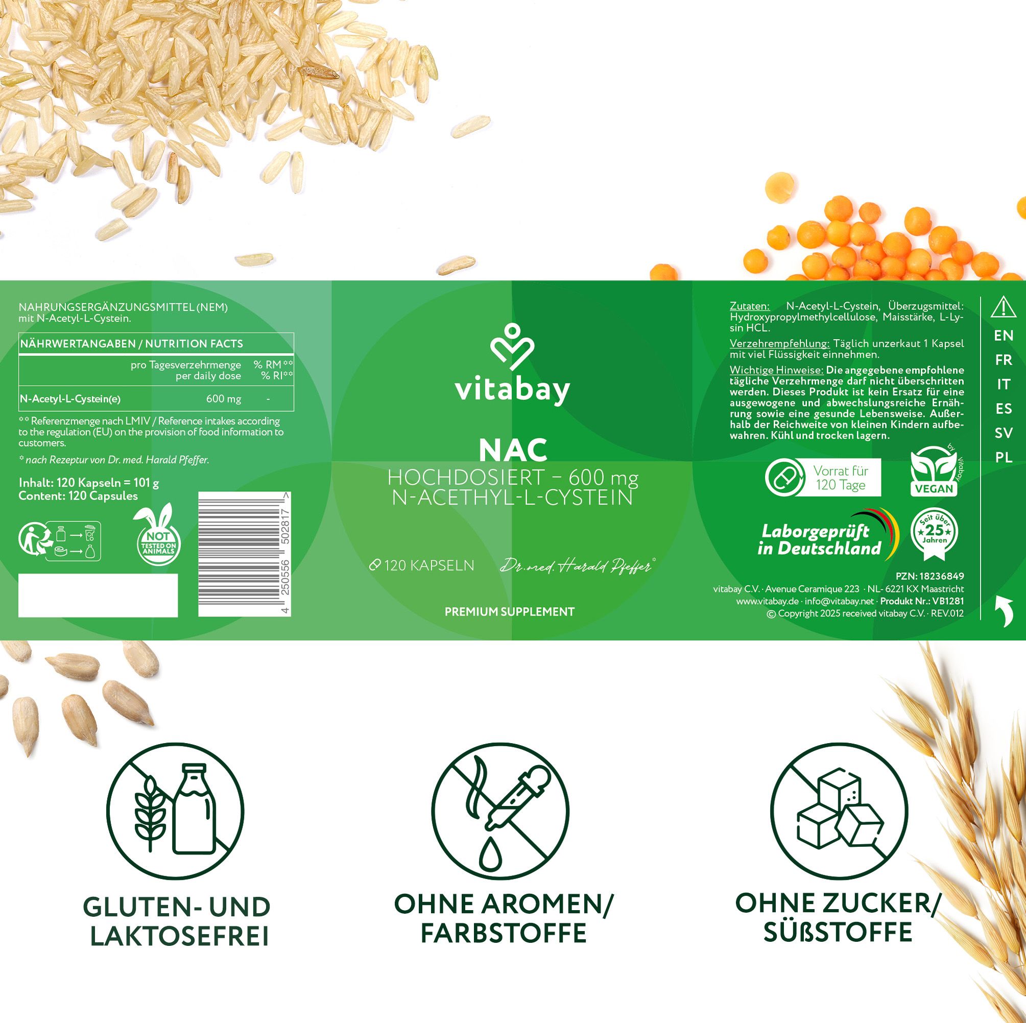 Rückseite einer Vitabay NAC-Verpackung. Enthält Informationen zu Inhaltsstoffen, Nährwerten und Zertifizierungen. Gluten- und laktosefrei, ohne Aromen/Farbstoffe, ohne Zucker/Süßstoffe.