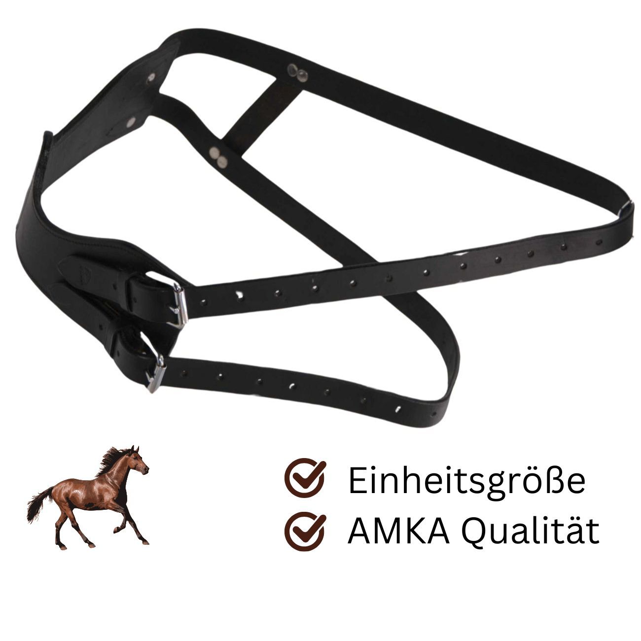 Schwarzer Kopperriemen mit Schnallen und Löchern. Text: Einheitsgröße, AMKA Qualität. Pferd-Illustration.