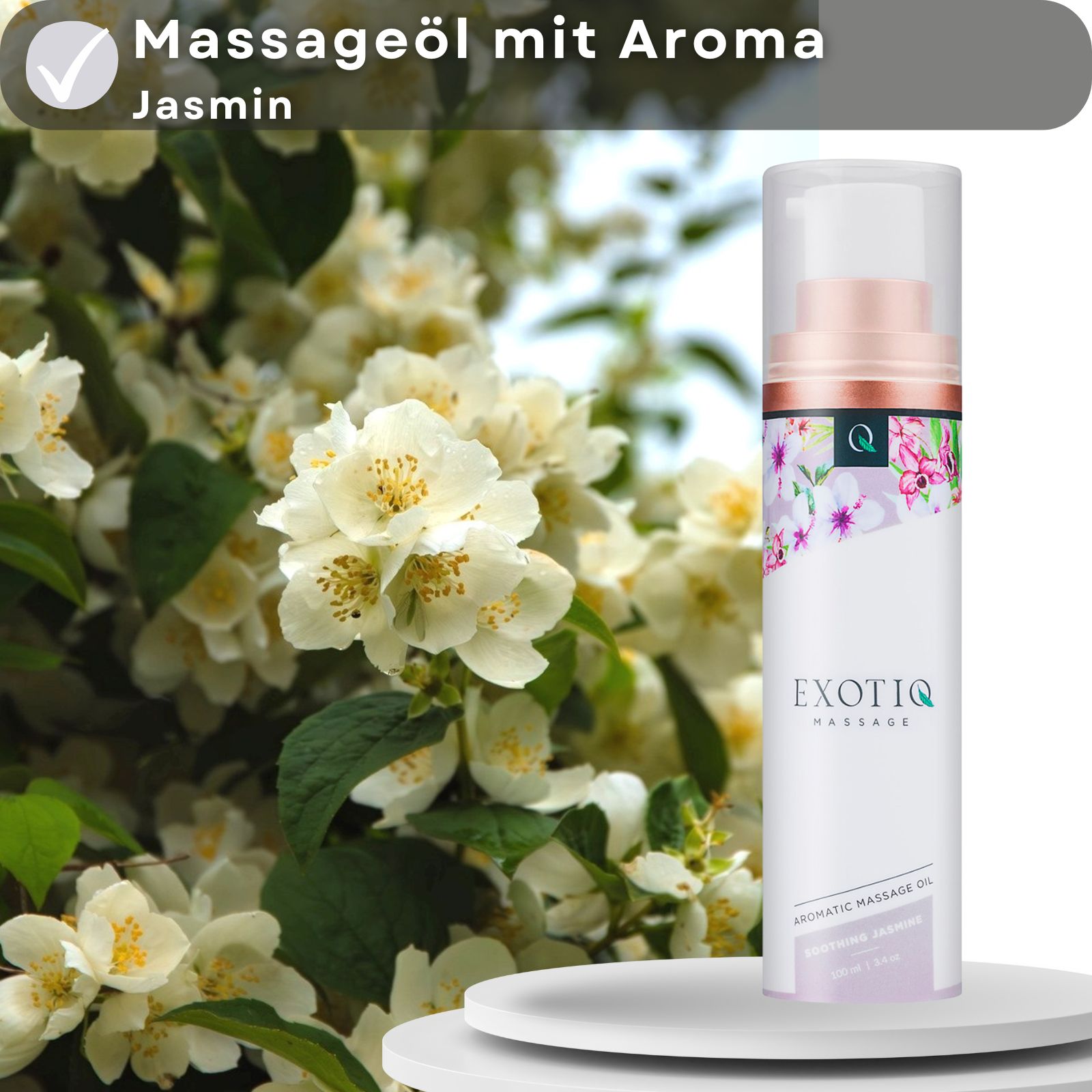Massageöl-Flasche mit Jasmin-Aroma. Hintergrund mit Jasminblüten. Produktname und Logo sichtbar.