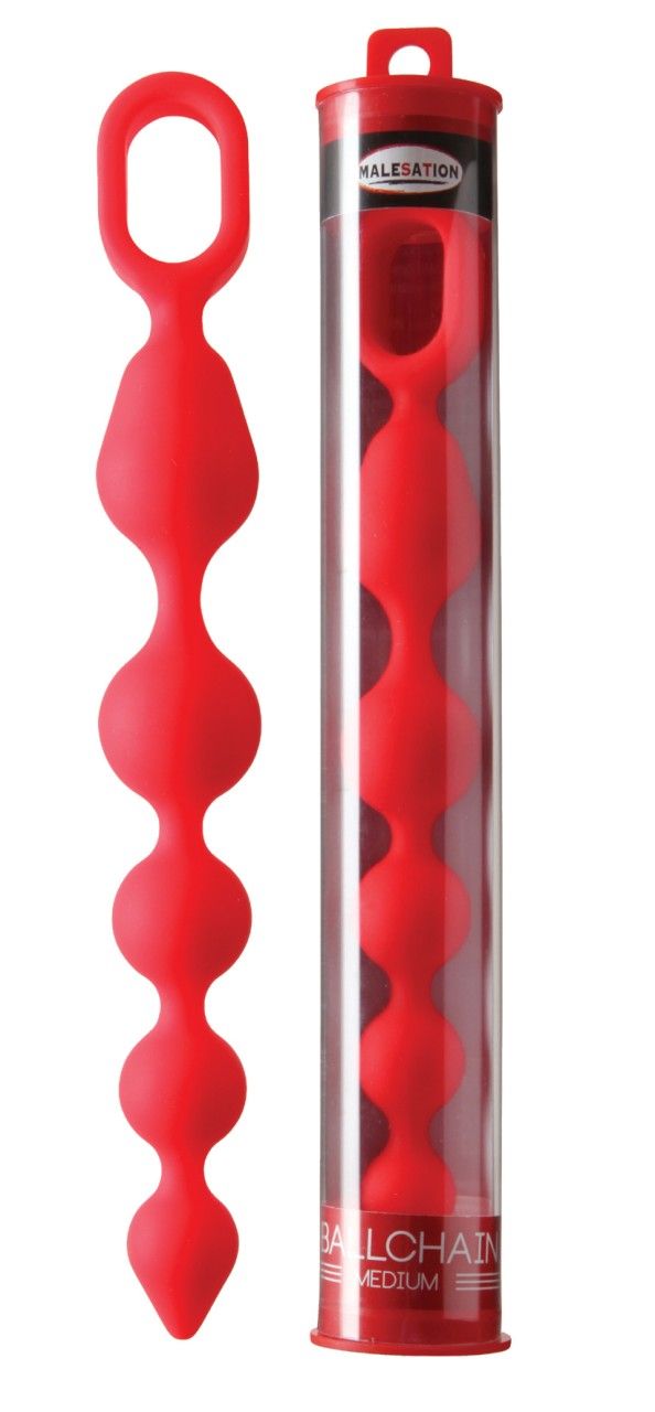 Rote Ballkette mit fünf Kugeln und einer Schlaufe, in transparenter Röhre.