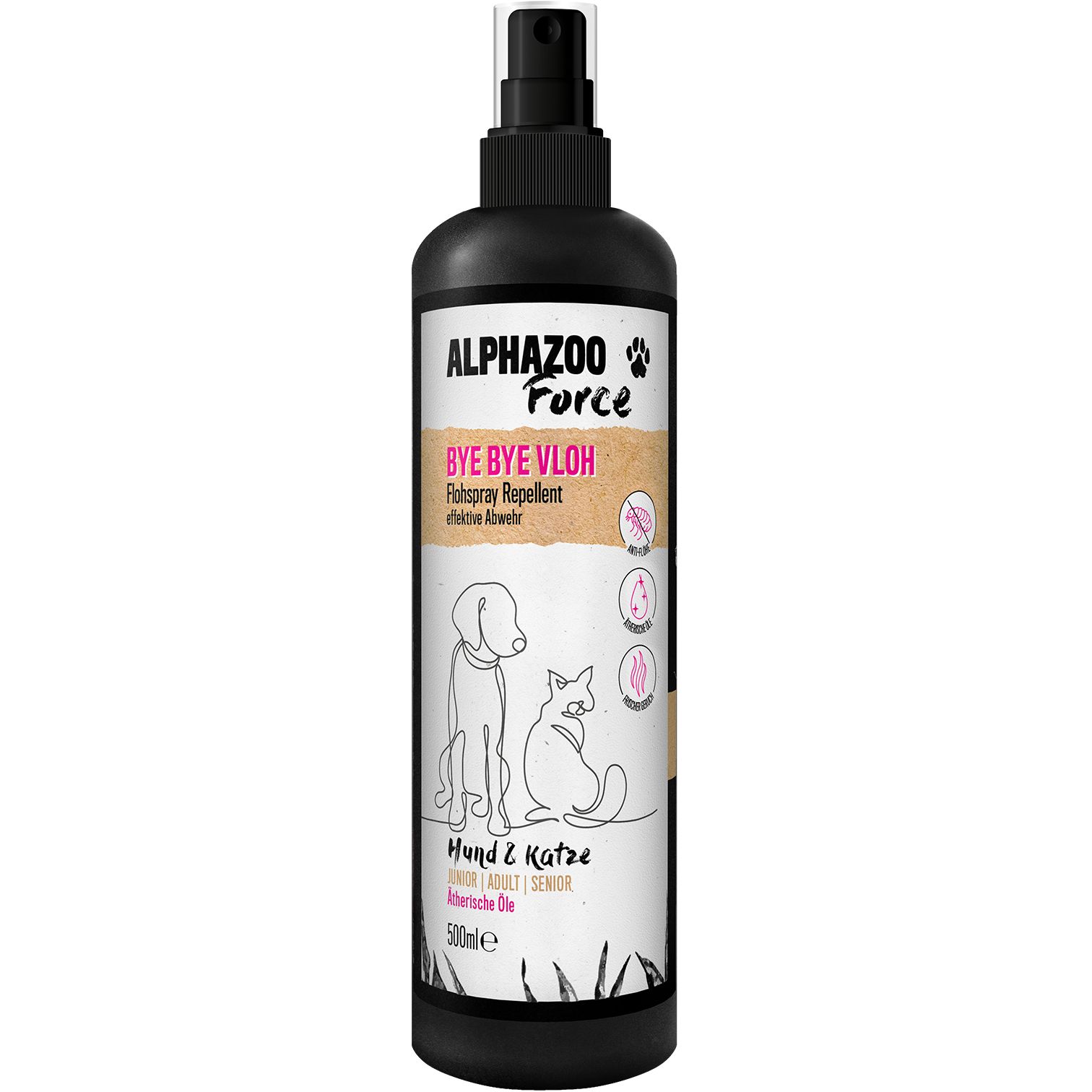 Schwarze Sprühflasche mit Produktetikett. Enthält Text: Bye Bye Vloh, Hund & Katze, 500ml. Logo: AlphaZoo.