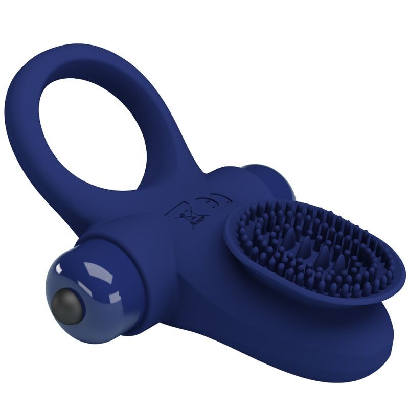 Blauer Penisring mit Vibration. Ringförmige Basis, Aufsatz mit Noppen und zwei seitlichen Elementen. CE-Kennzeichnung.