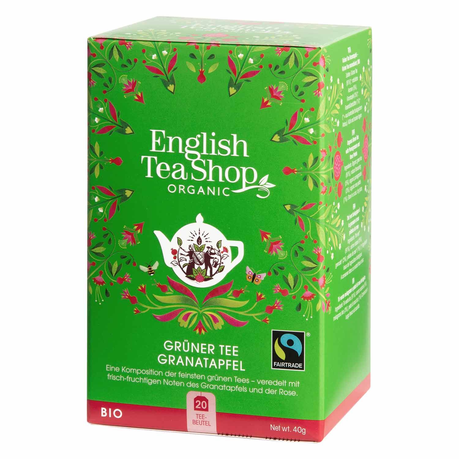 Grüne Tee-Box mit Aufschrift 'English Tea Shop Organic'. Enthält 20 Teebeutel. Fairtrade-Siegel.