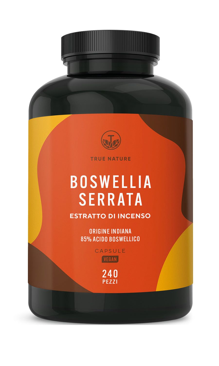 Dunkler Behälter mit orangefarbenem Etikett für Boswellia Serrata Kapseln, 240 Stück.