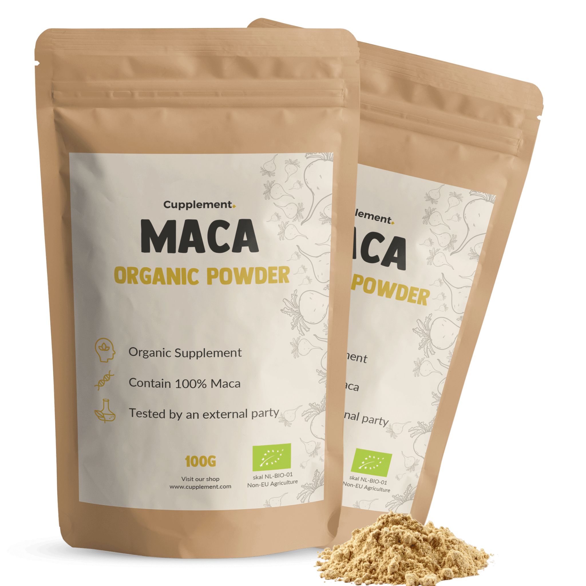 Zwei Beutel Cupplement Maca BIO. Braune Beutel mit weißem Etikett. Text: Maca Organic Powder, 100g, EU-Bio.