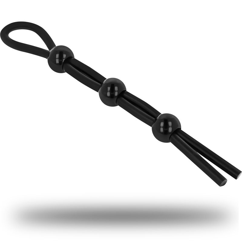 Schwarzer Ring mit drei Kugeln auf einem flexiblen Band.