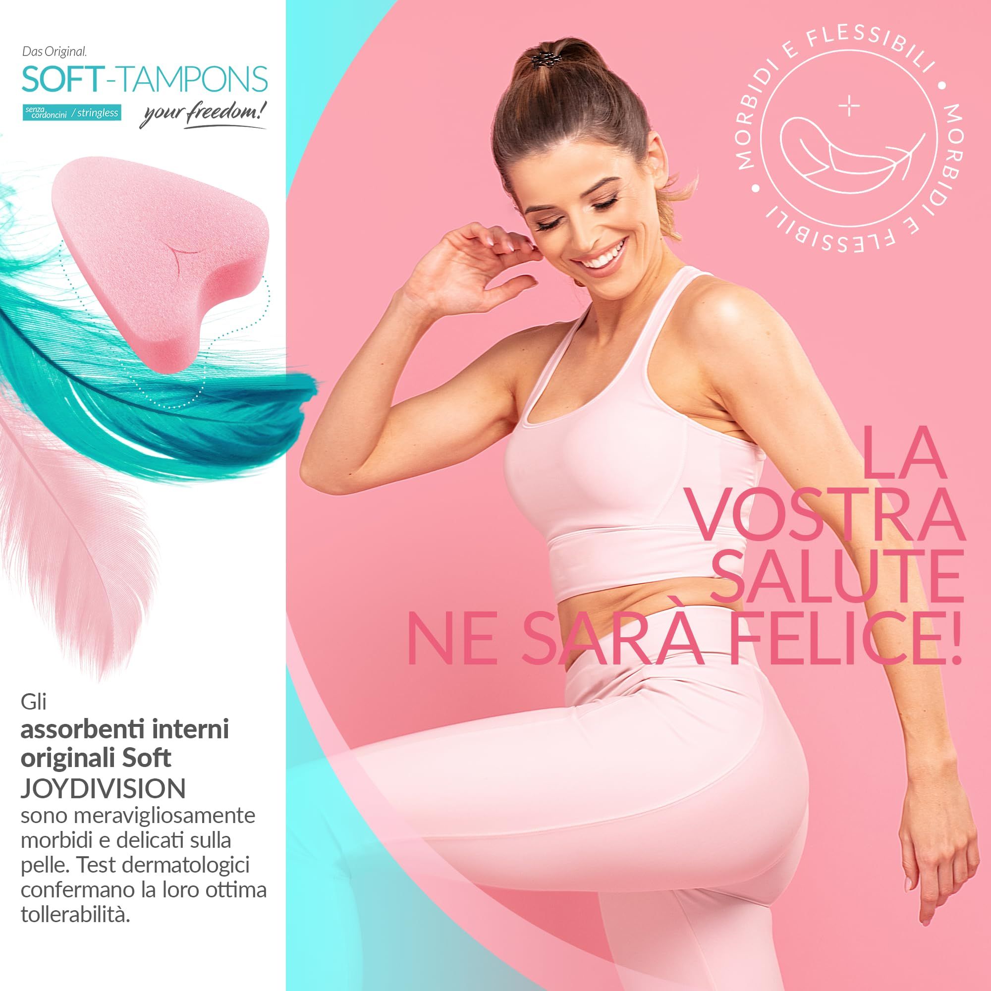 Soft Tampons mini Packung mit 50 Stück. Ein Tampon ist rosa und herzförmig.