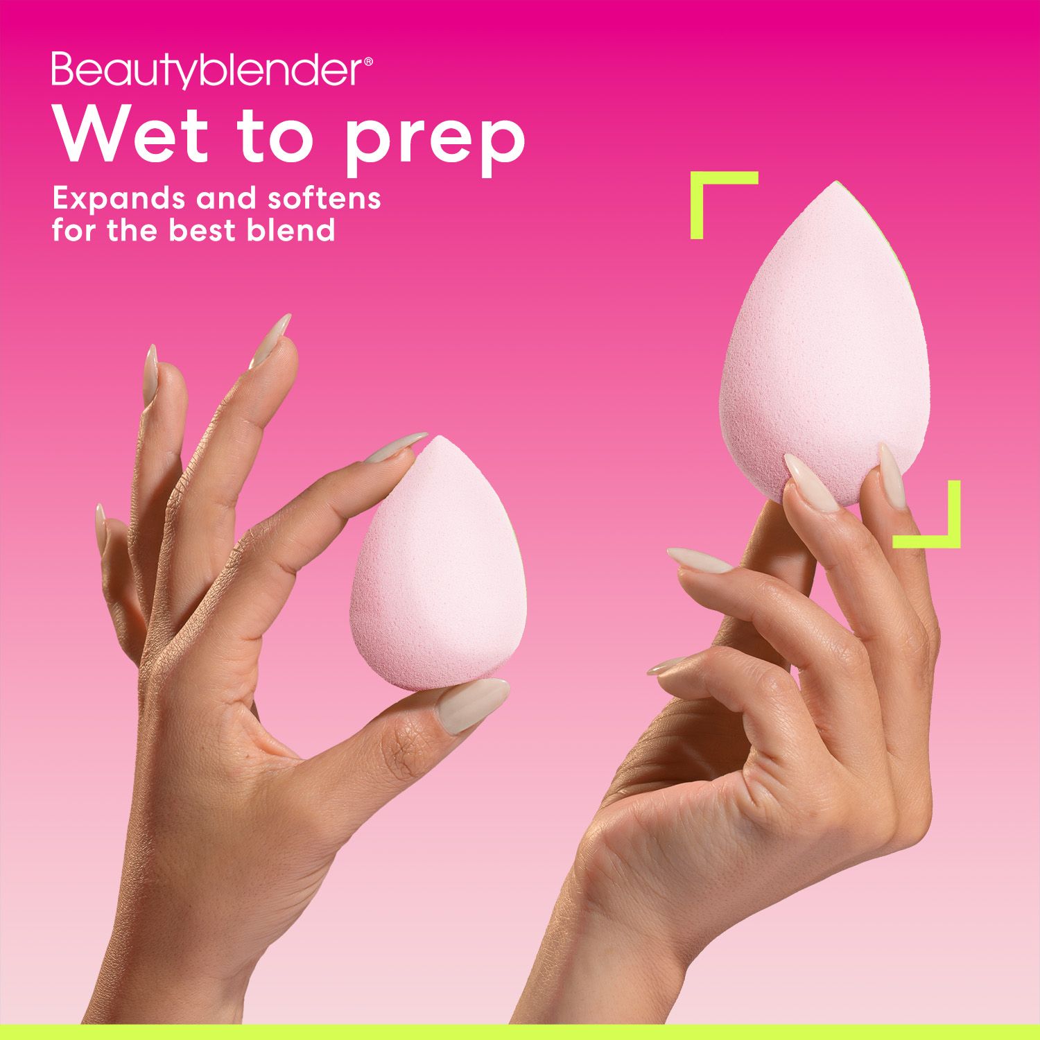 Zwei Beautyblender-Schwämme, einer trocken, einer nass. Text: Wet to prep, expands and softens for the best blend. Rosa Hintergrund.