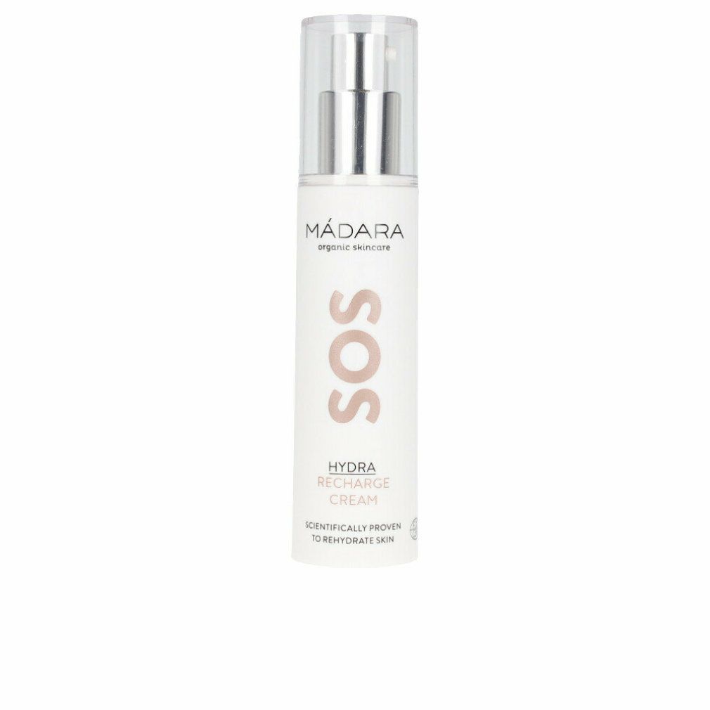 Weiße Flasche mit silberner Pumpe. Aufschrift: MÁDARA, SOS, HYDRA RECHARGE CREAM. Wissenschaftlich bewiesen, die Haut zu rehydrieren.