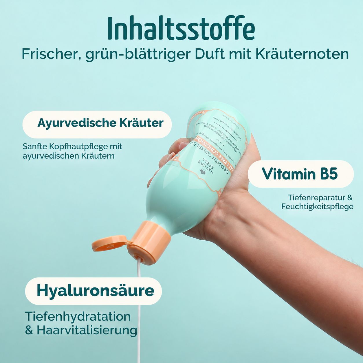 Hand hält eine türkise Flasche "Nature Spell" Wachstums-Komplex Spülung mit orangefarbenem Verschluss.