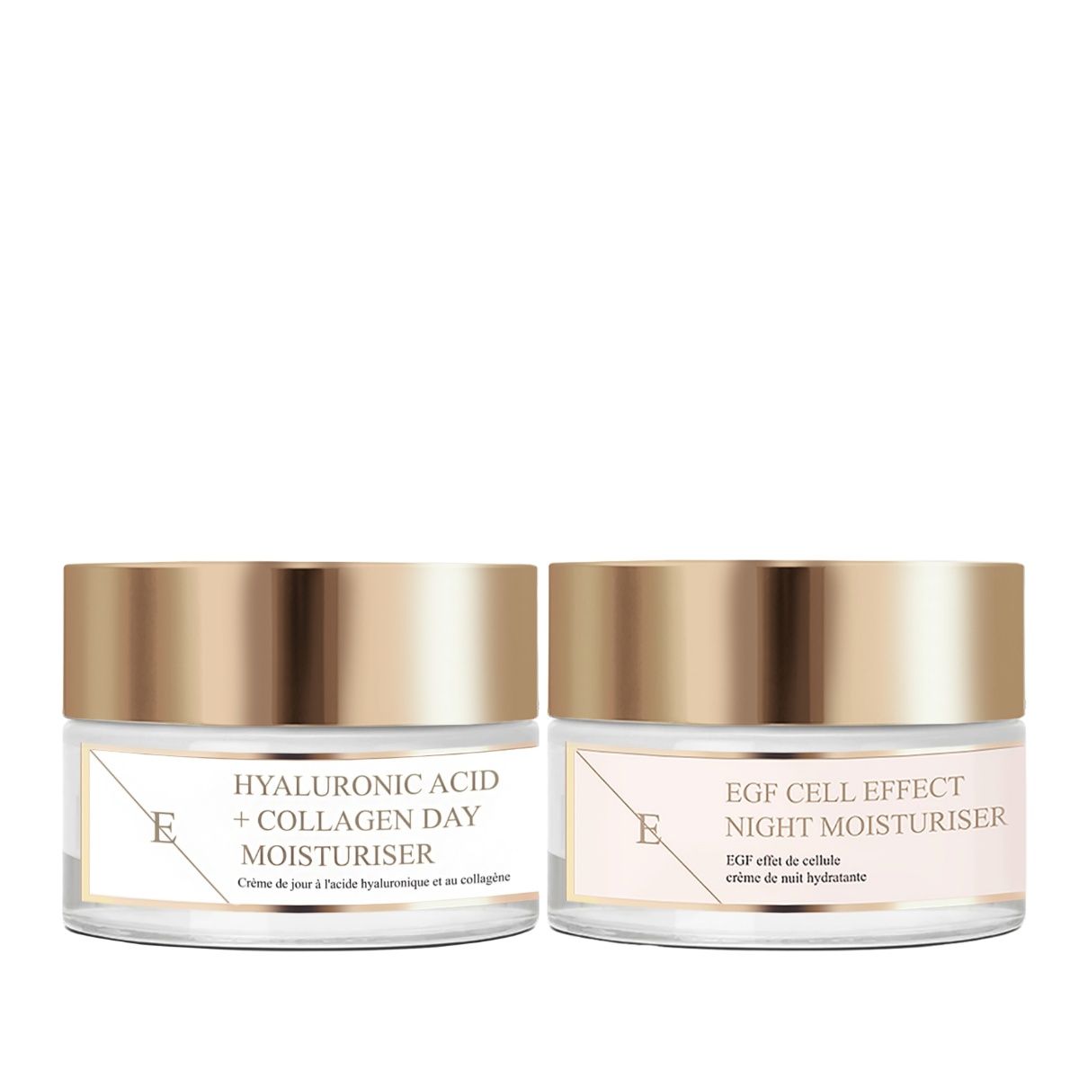 Zwei Cremetiegel mit goldenen Deckeln und Etiketten. Aufschrift: Hyaluronsäure + Kollagen Tagescreme und EGF Cell Effect Nachtcreme.