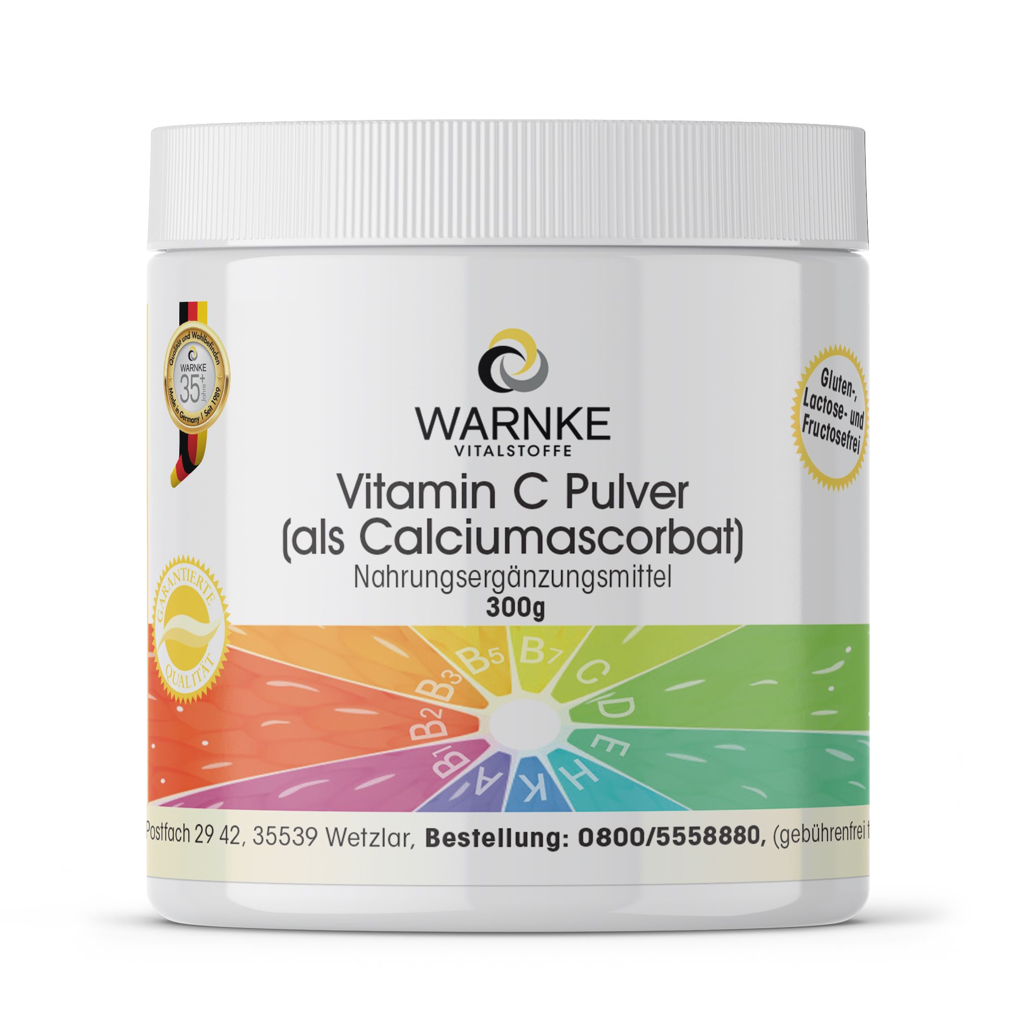 Weißes Vitamin C Pulver in Dose. Aufschrift: Warnke Vitalstoffe, Vitamin C Pulver (als Calciumascorbat), 300g. Zertifizierungen.