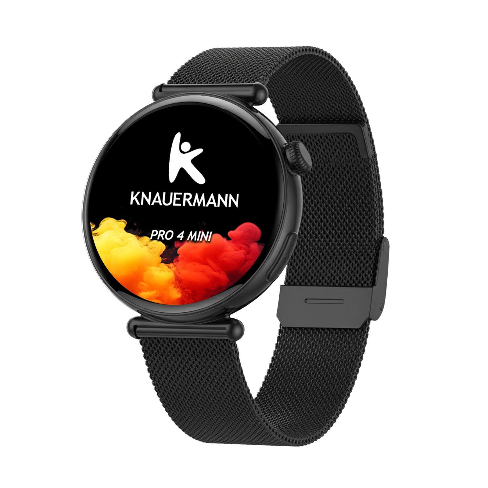 Knauermann PRO 4 Mini Smartwatch mit schwarzem Mesh-Armband und rundem Display.