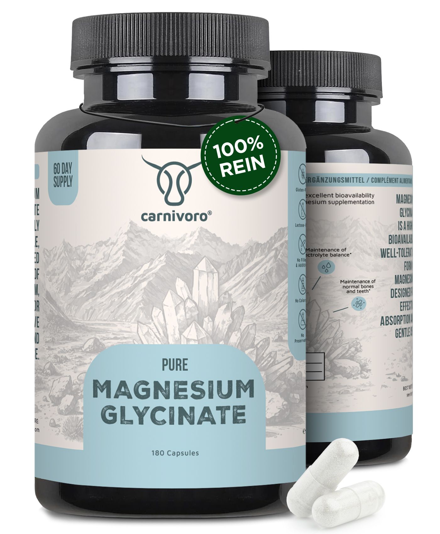 Zwei Flaschen mit schwarzen Deckeln. Aufschrift: Pure Magnesium Glycinate, 180 Kapseln. Grüne Aufkleber mit Text.