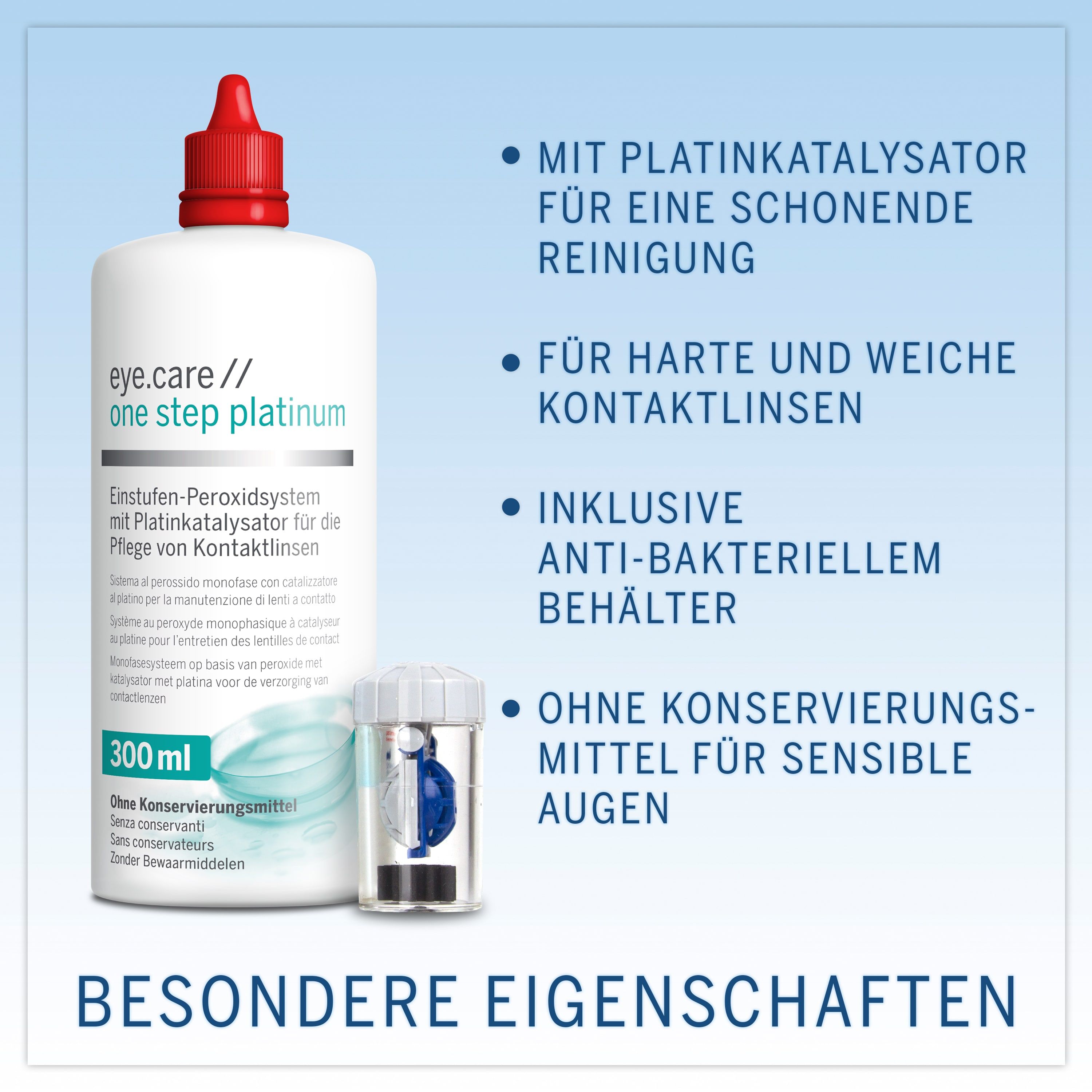 Flasche eye.care one step platinum, roter Deckel, 300 ml. Enthält antibakteriellen Behälter. Für harte und weiche Kontaktlinsen.