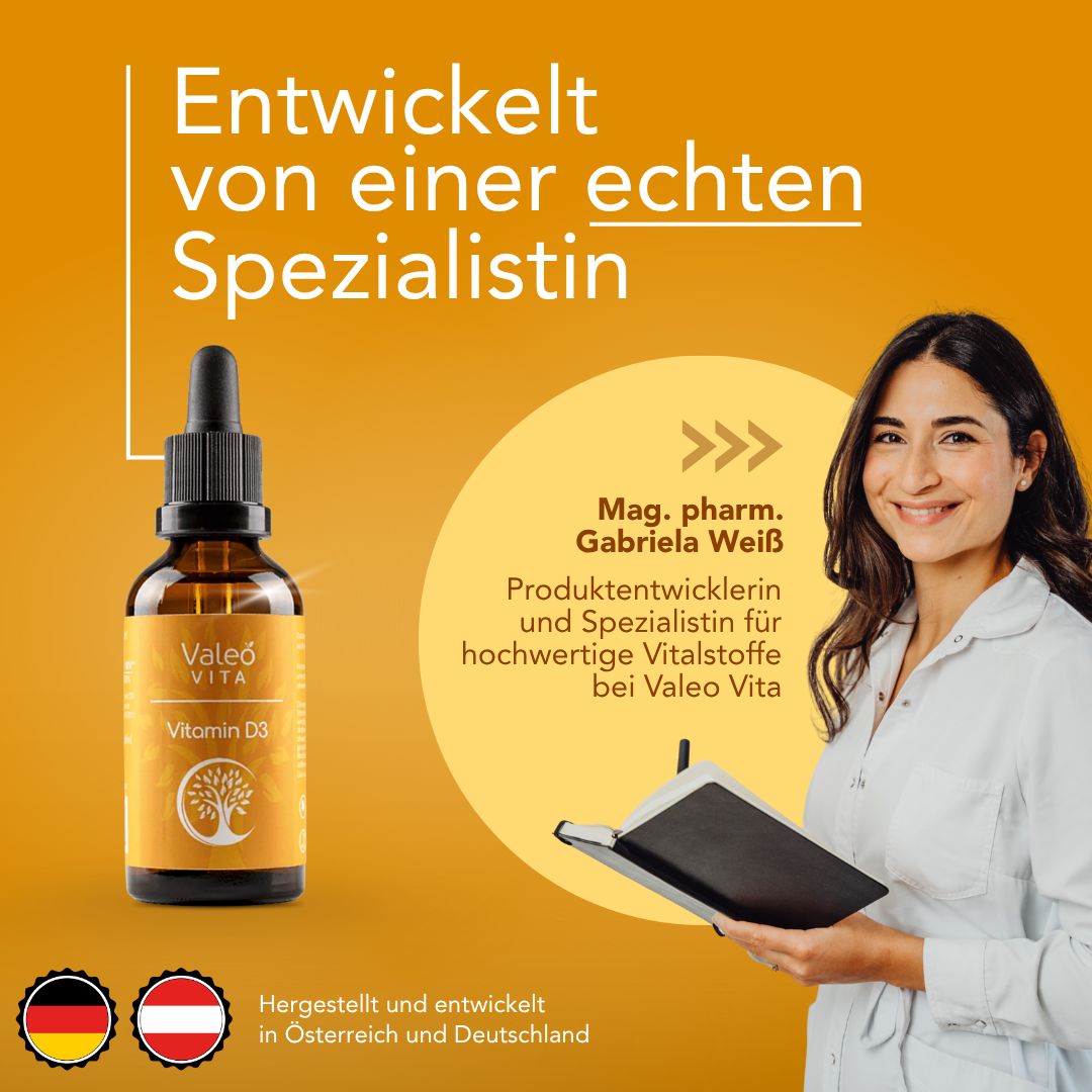 Produkt mit Tropferflasche neben Frau. Text: "Valeo Vita Vitamin D3". Text: "Entwickelt von einer echten Spezialistin".