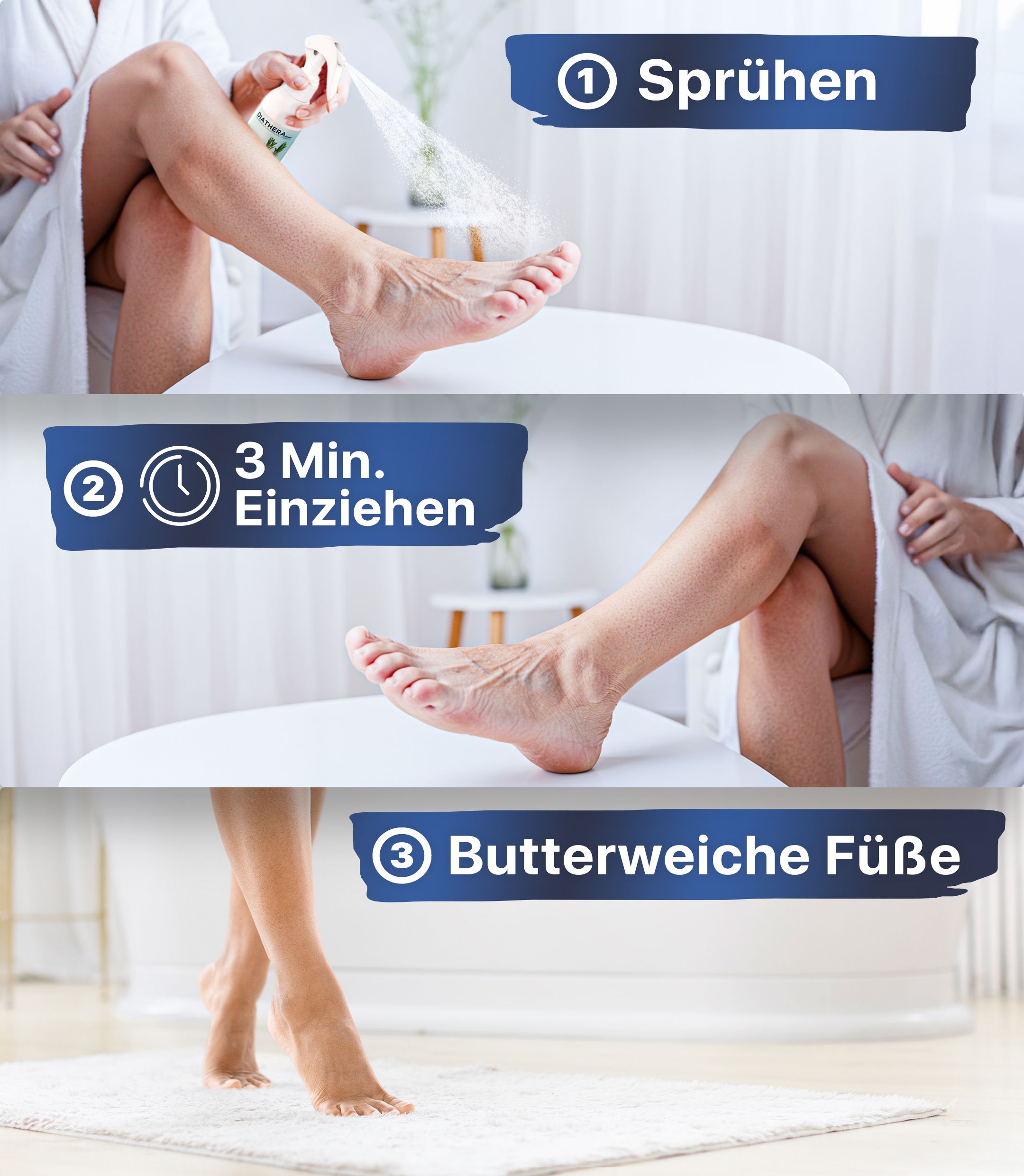 Anwendungsschritte für DIATHERA Derma Fußpflege-Spray: 1. Sprühen, 2. Einziehen (3 Min.), 3. Butterweiche Füße.