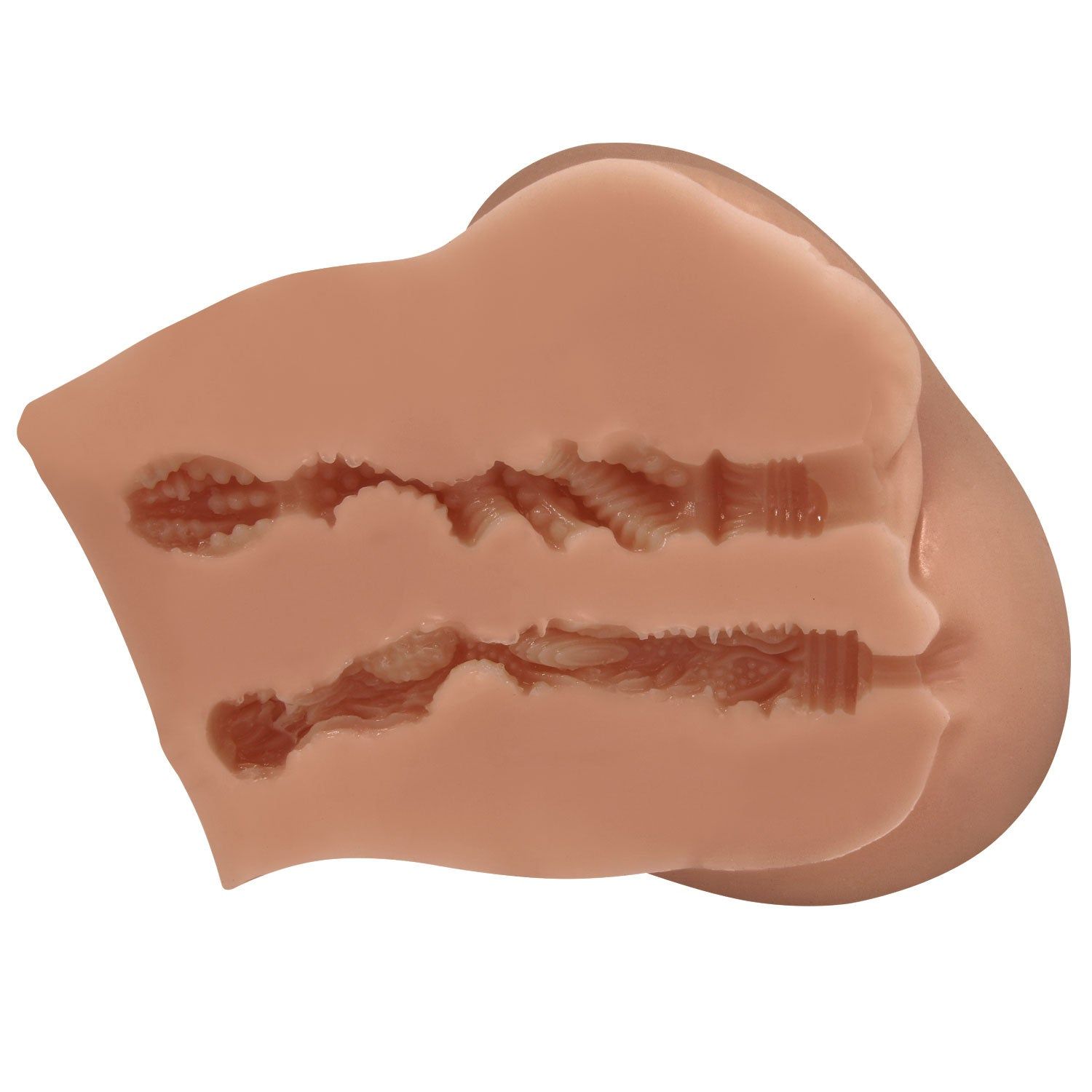 Masturbator, aufgeschnitten, mit geriffelter Innenstruktur.