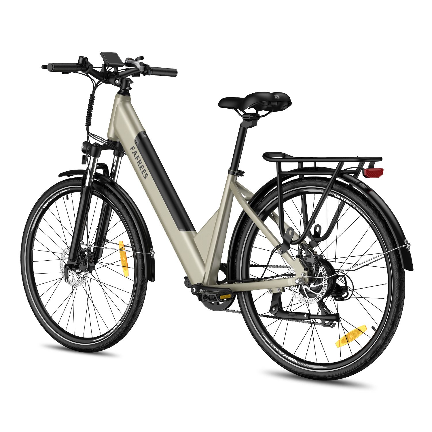 Fafrees F28 Pro E-Bike, beige, schwarze Details. Gepäckträger, Schutzbleche, CST-Reifen. Marke sichtbar.