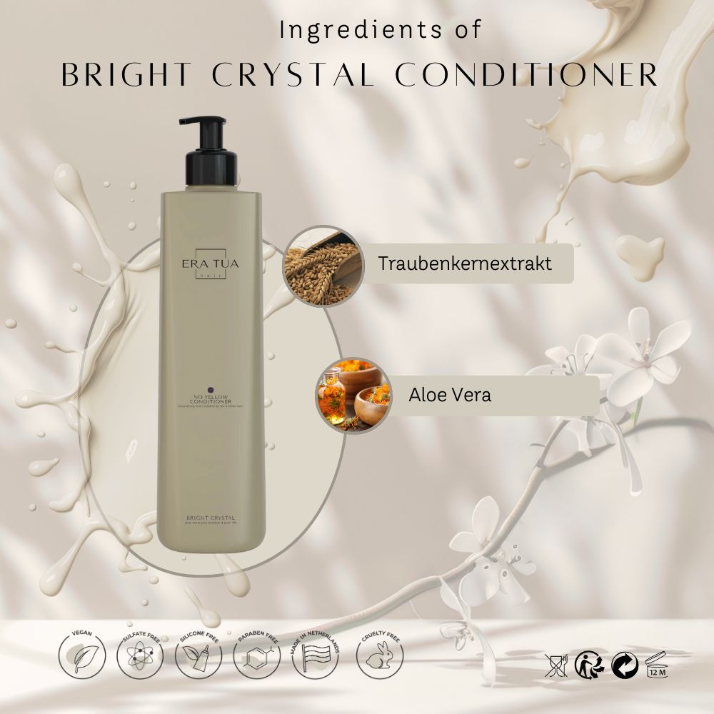 Beige Flasche mit schwarzem Pumpkopf. Aufschrift "ERA TUA". Text: "Bright Crystal Conditioner". Abbildung von Traubenkernextrakt und Aloe Vera.
