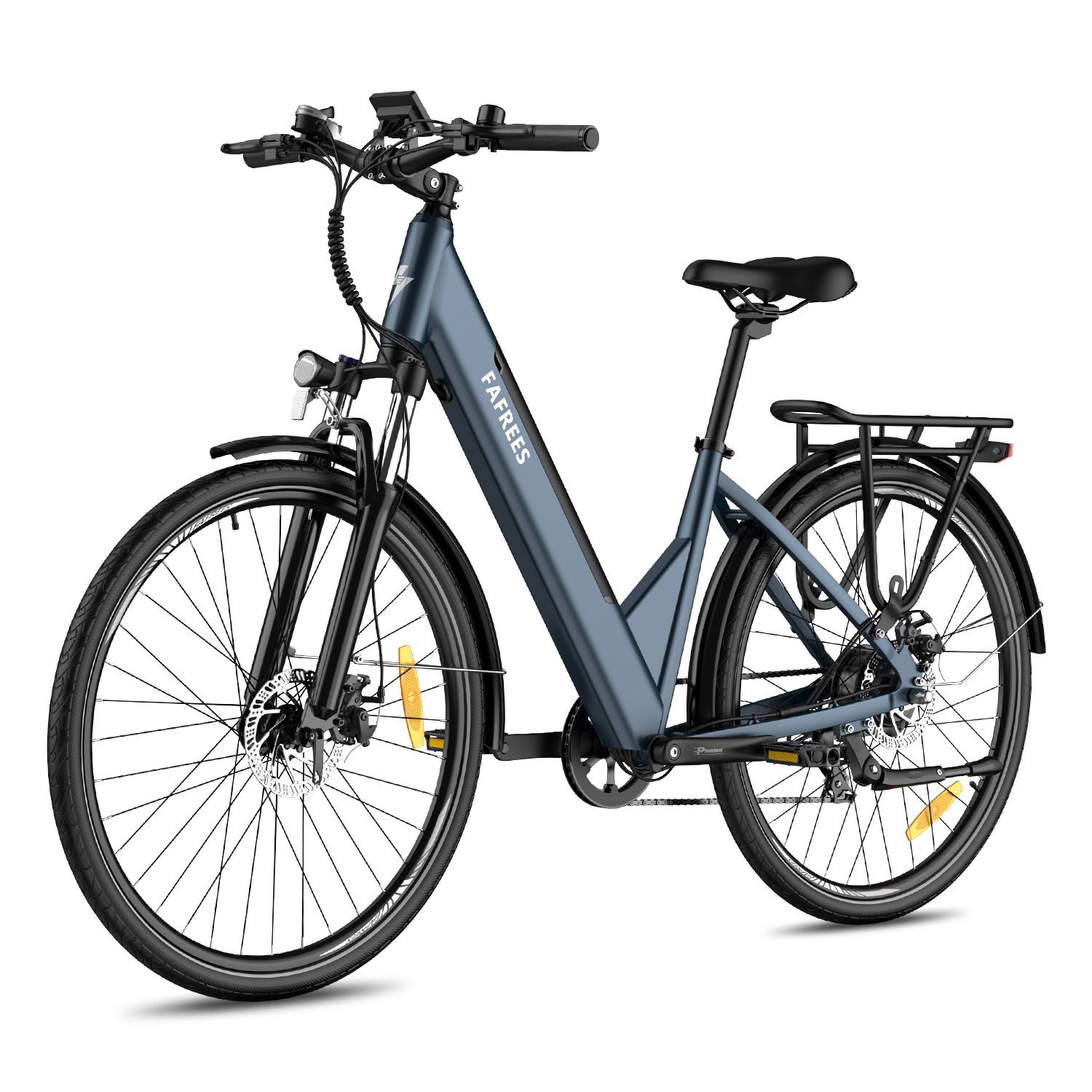 Blaues E-Bike mit Gepäckträger. Marke FAFREES. Schwarze Reifen und Schutzbleche. Gelbe Reflektoren.