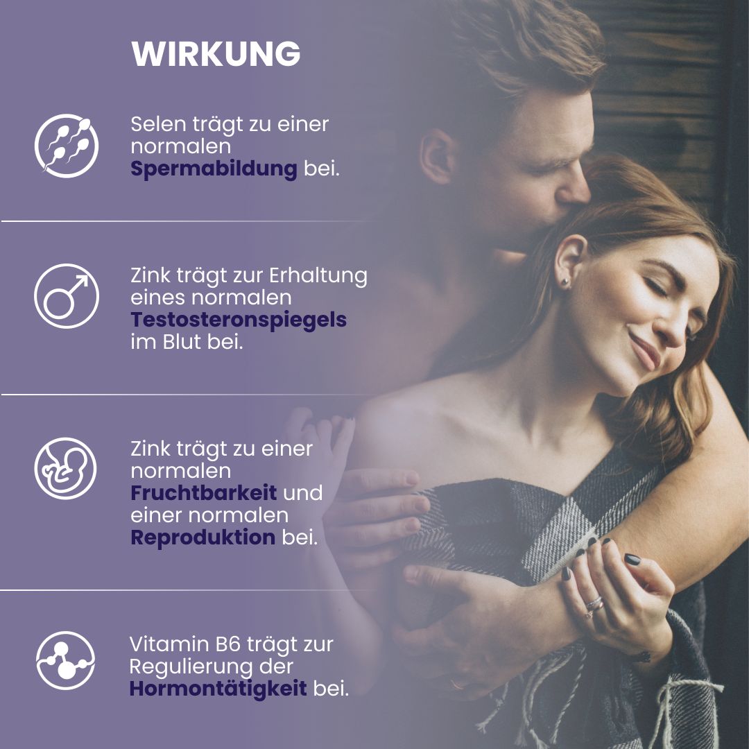 Paar umarmt sich. Text: Selen, Zink und Vitamin B6 tragen zu normaler Spermienbildung, Testosteronspiegel, Fruchtbarkeit bei.