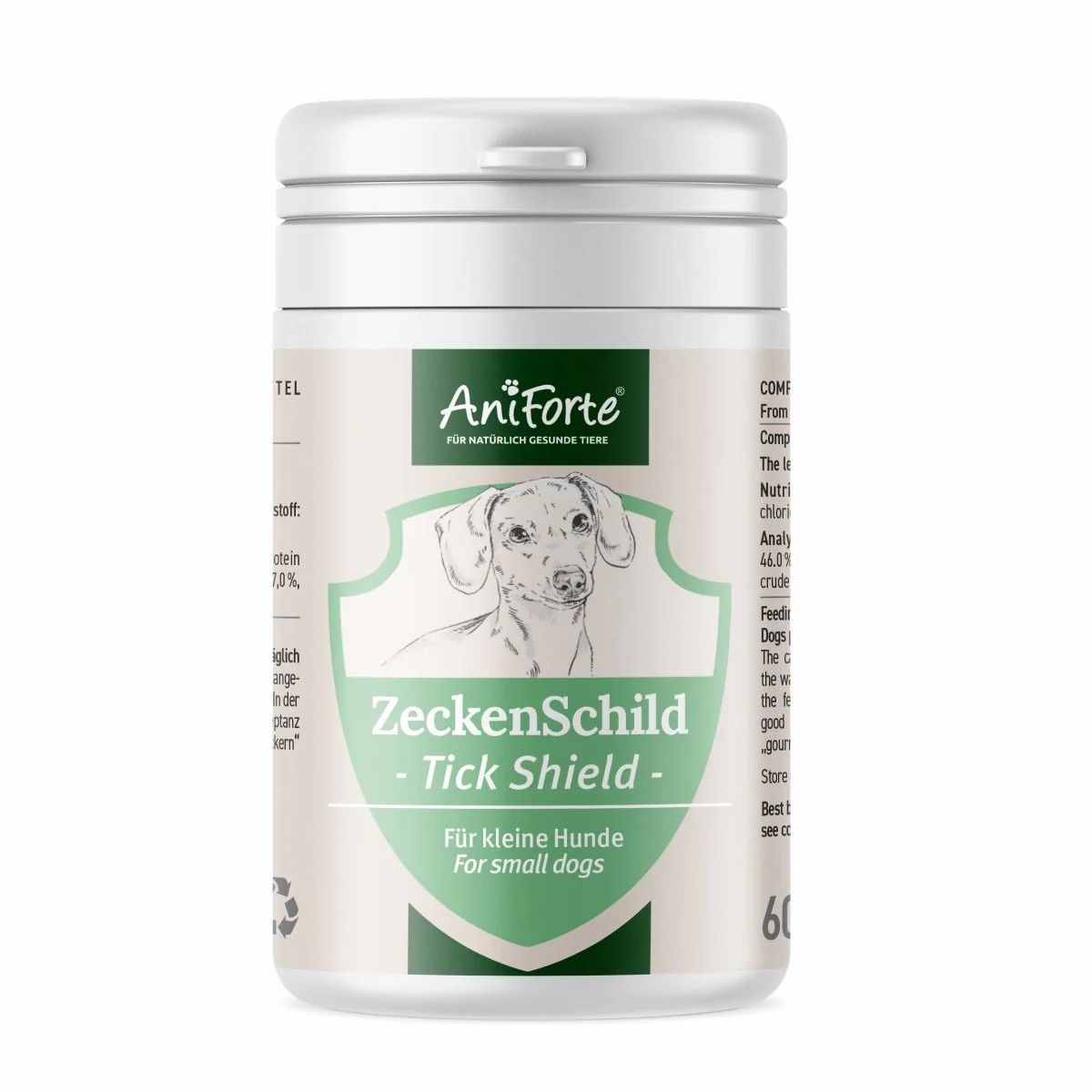 Weiße Dose mit grünem Etikett. Aufschrift: ZeckenSchild - Tick Shield. Für kleine Hunde bis 10 kg. AniForte Logo.