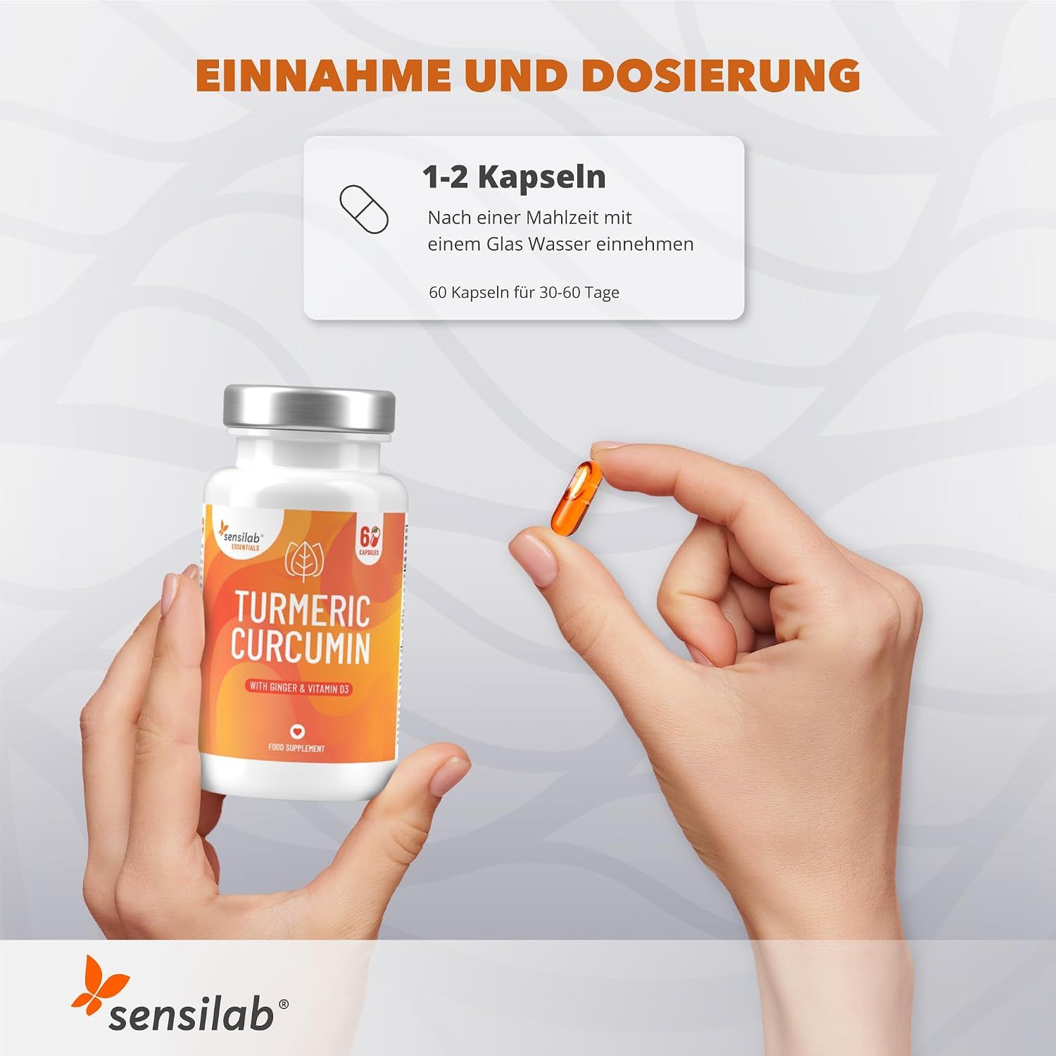 Eine Hand hält eine Kapsel neben einem Fläschchen mit Kurkuma Curcumin. Text: Einnahme und Dosierung: 1-2 Kapseln.