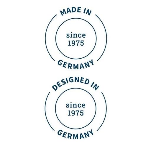 Zwei Kreise mit Text: MADE IN GERMANY, DESIGNED IN GERMANY. Beide Kreise mit 'since 1975'.