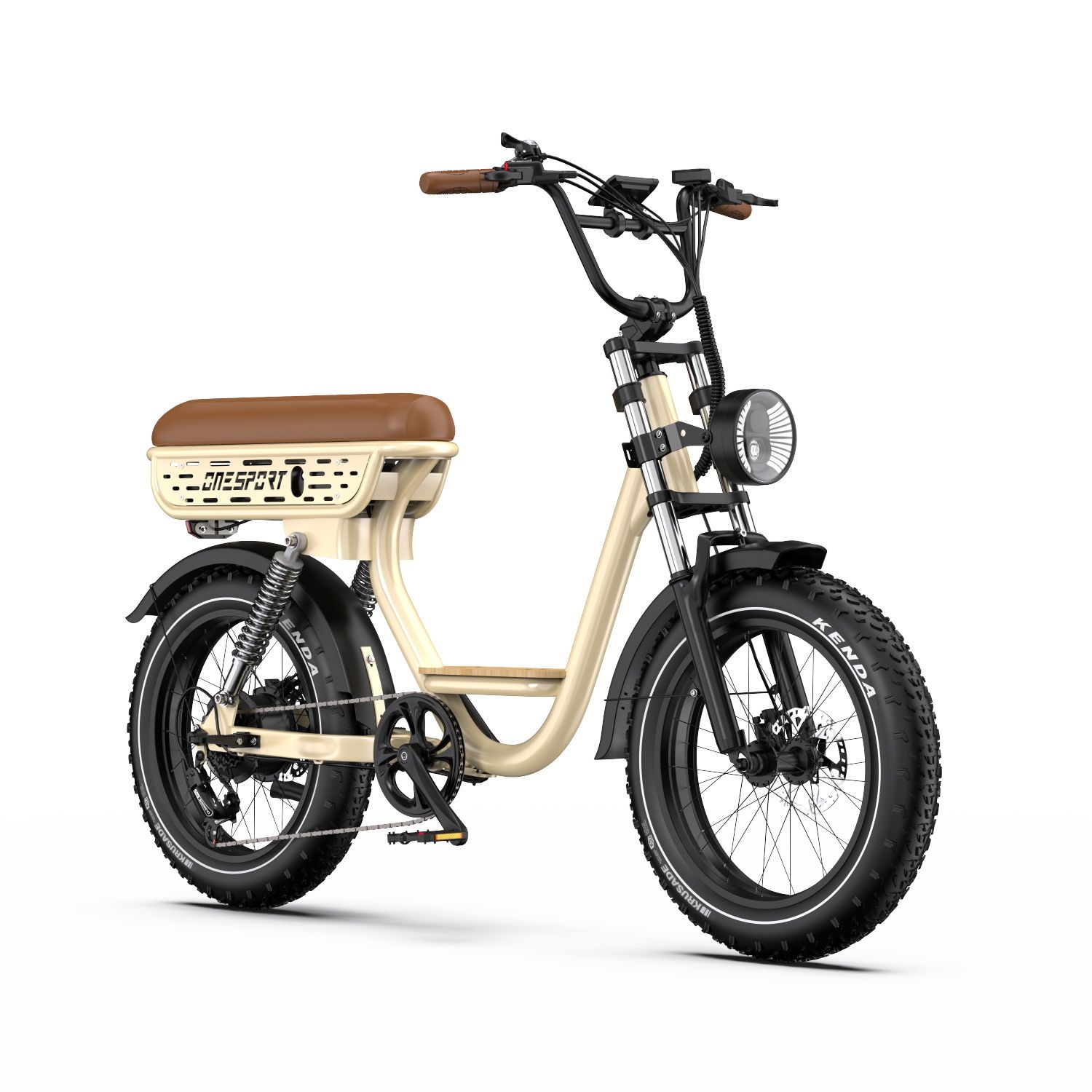 Elektrofahrrad, beige mit braunem Sattel. Schwarze Reifen, Kotflügel und Lenker. Frontscheinwerfer. Marke: ONESPORT.