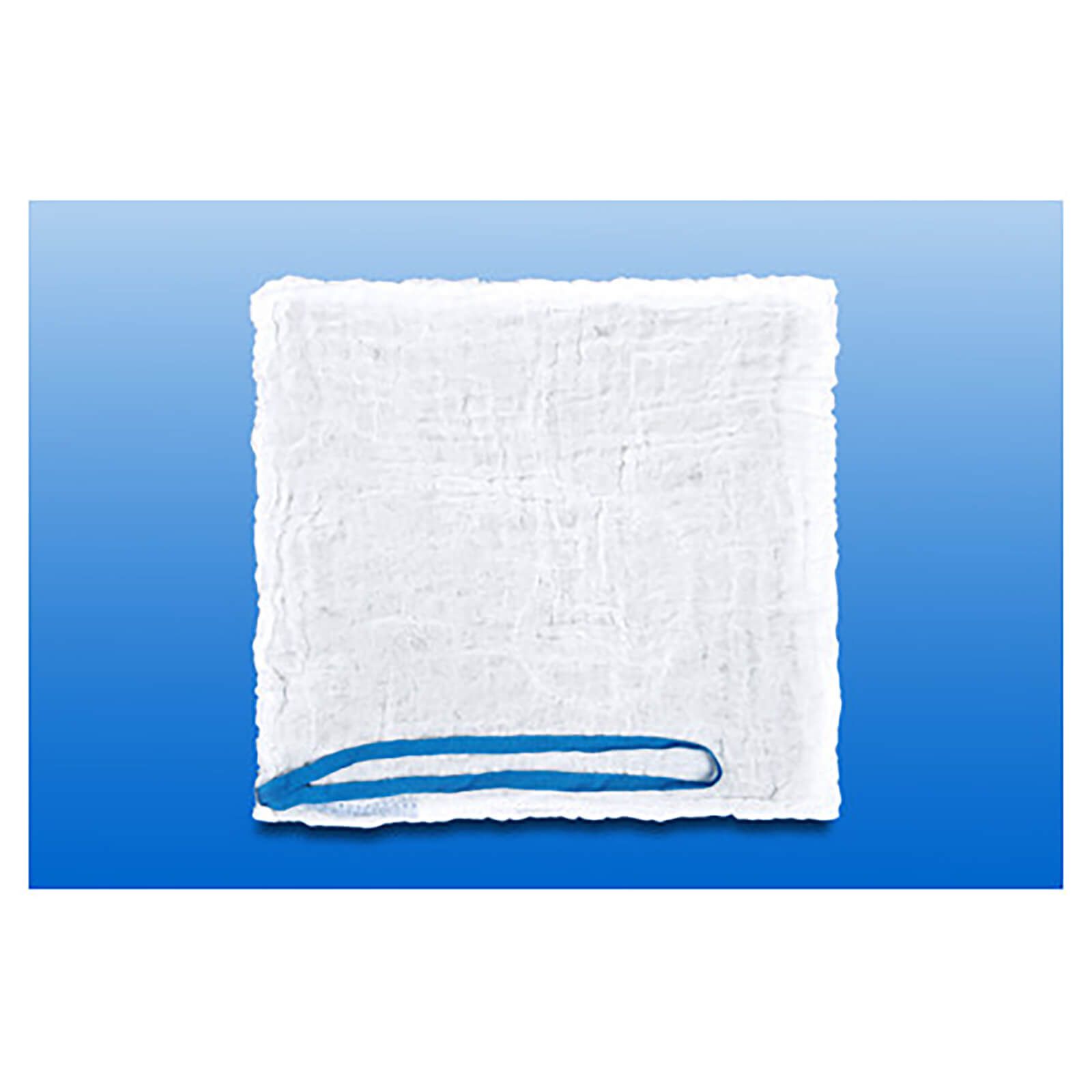 Einzelnes, weißes, vorgewaschenes Bauchtuch mit blauer Schlaufe. Quadratische Form.