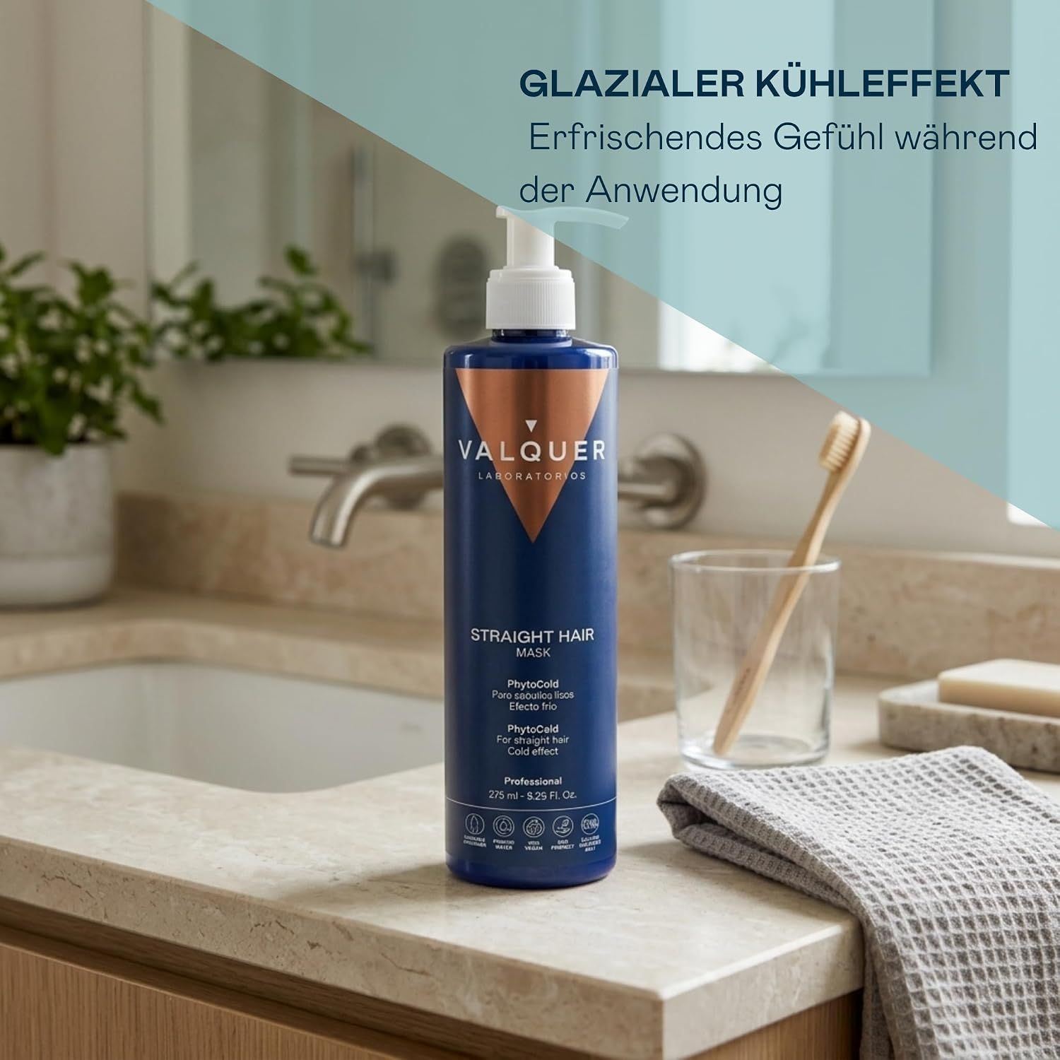 Valquer Straight Hair Mask in einem Badezimmer.