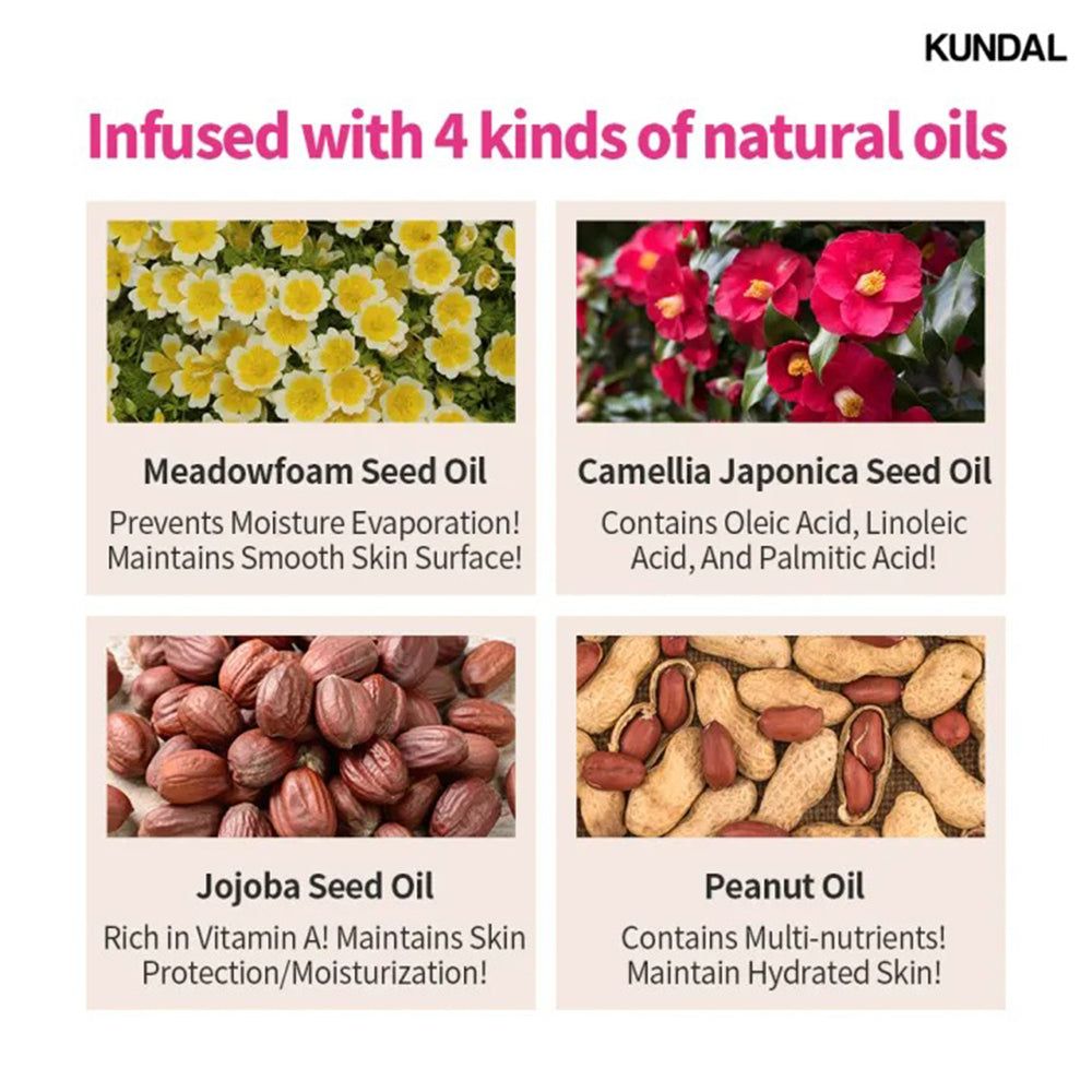 Vier natürliche Öle: Meadowfoam, Camellia Japonica, Jojoba und Erdnussöl für die Haut.