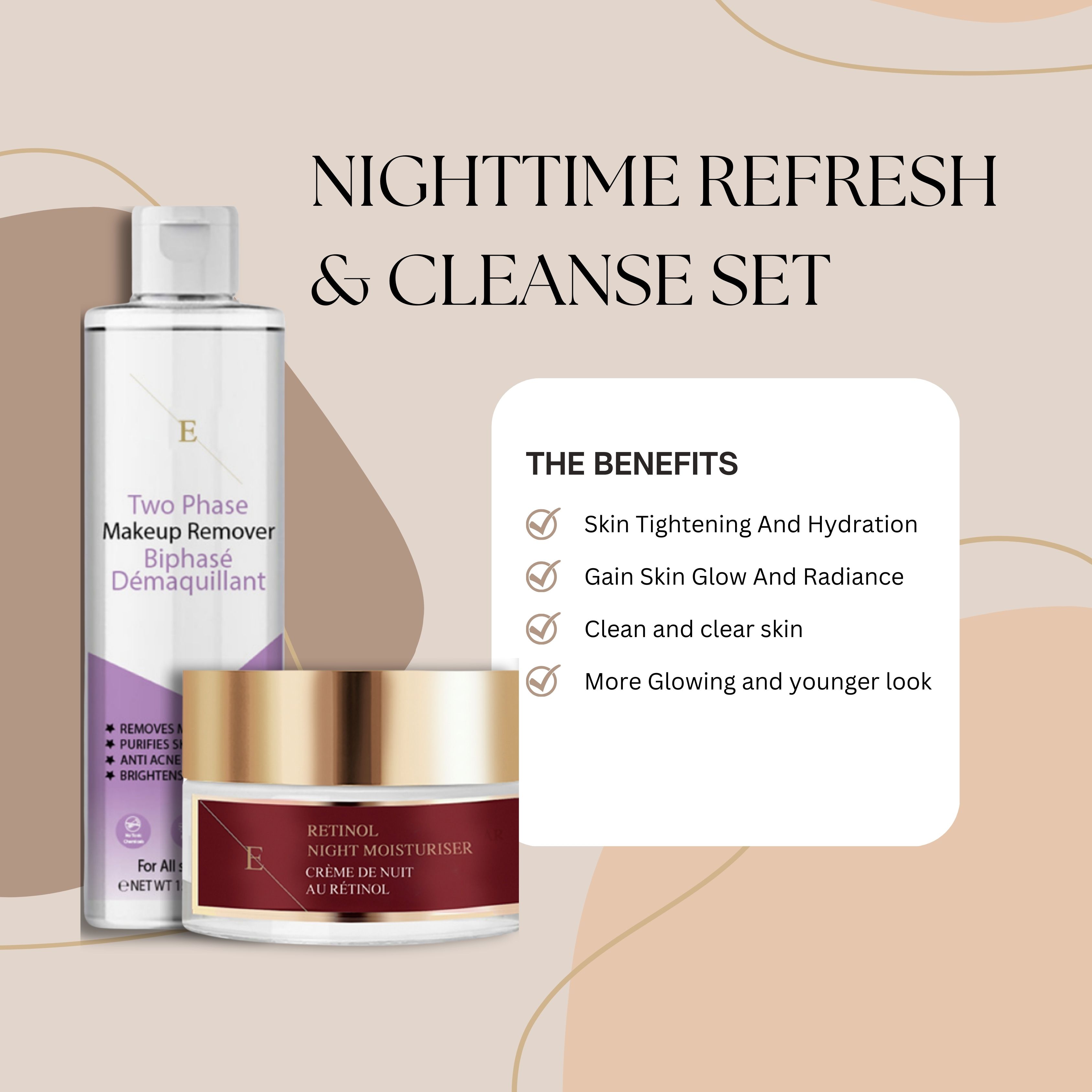 Zwei Produkte: Nachtcreme und Make-up-Entferner. Creme in goldfarbenem Tiegel, Entferner in Flasche. Text: Retinol, Biphase Démaquillant.