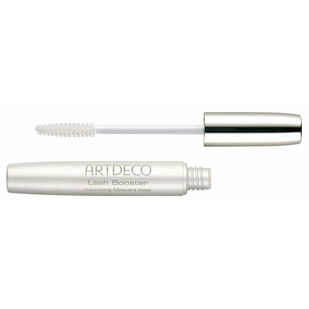Artdeco Lash Booster Wimpernbasis. Weiße Tube und Bürste. Deckel und Tube silberfarben. Text: Artdeco, Lash Booster, Volumizing Mascara Base.